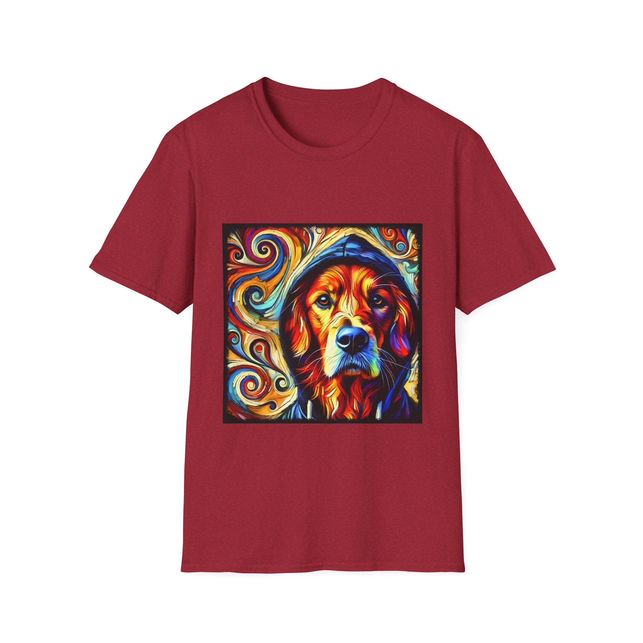 Antique cherry red dog t-shirt with golden retriever in blue hoodie, bold swirls in red, orange, and teal behind.