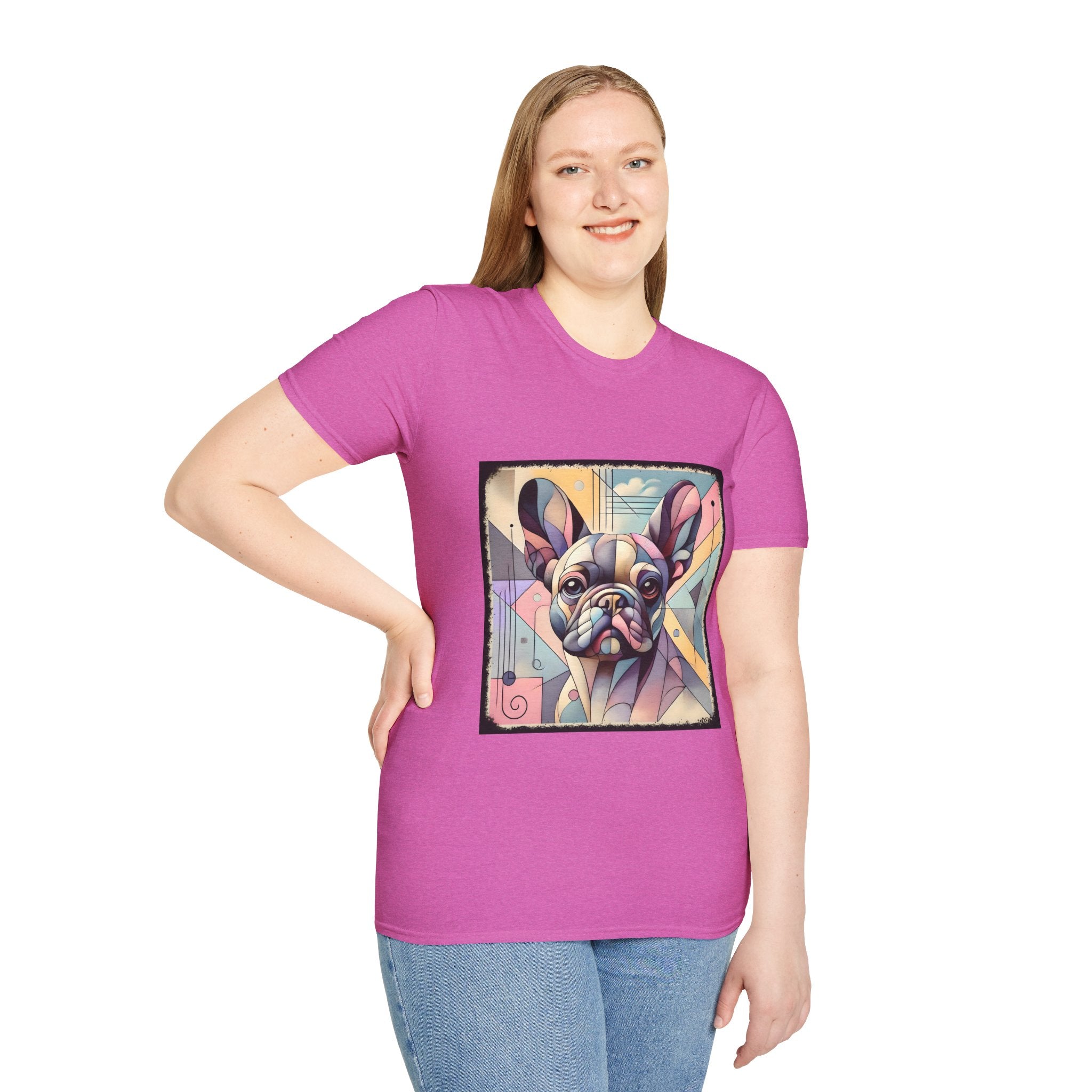 Female model in orchid pink shirt with Cubism-style French Bulldog design in soft pastel colors and abstract shapes.