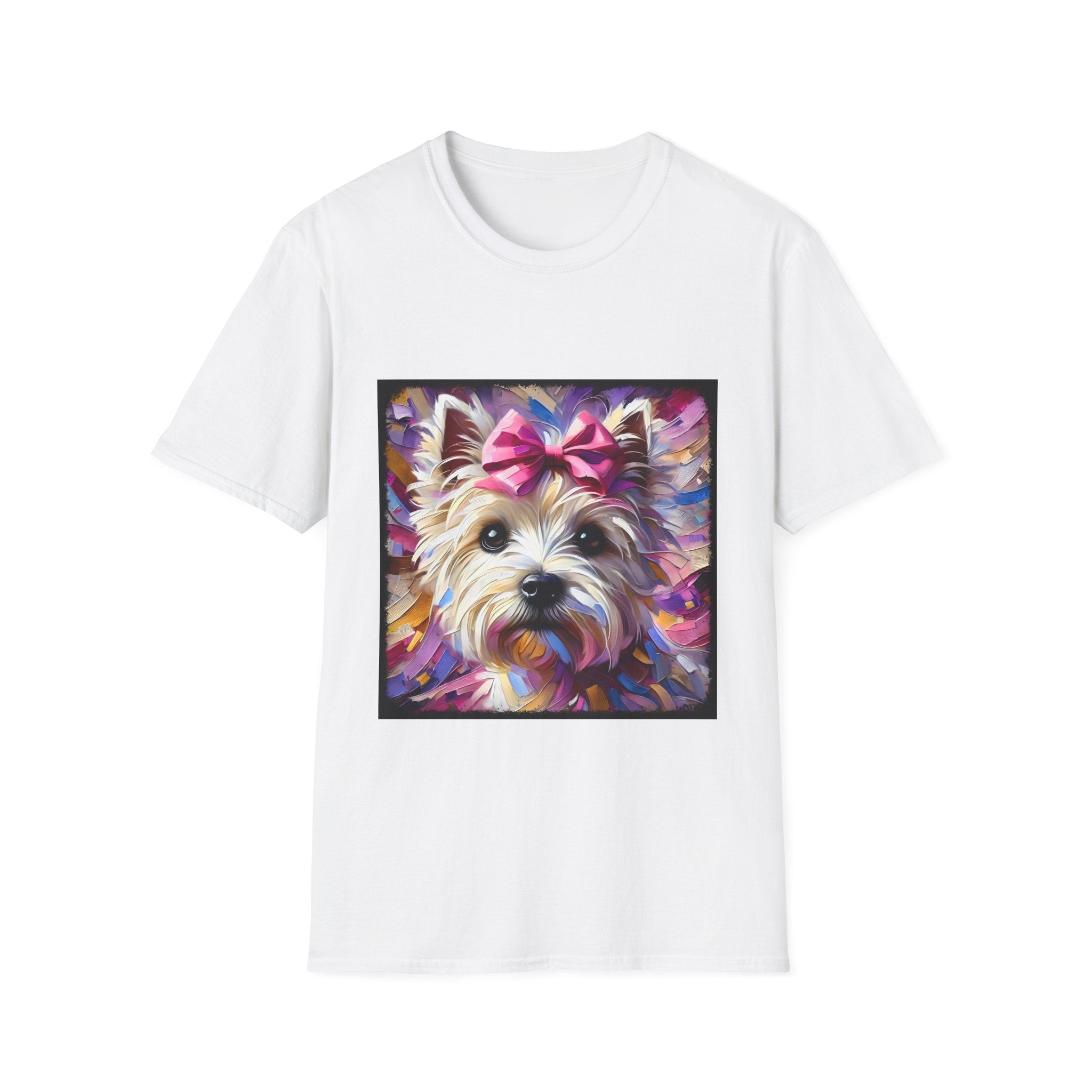 White dog t-shirt with Westie face, pink bow, and bold brushstroke colors in purple, pink, and gold.