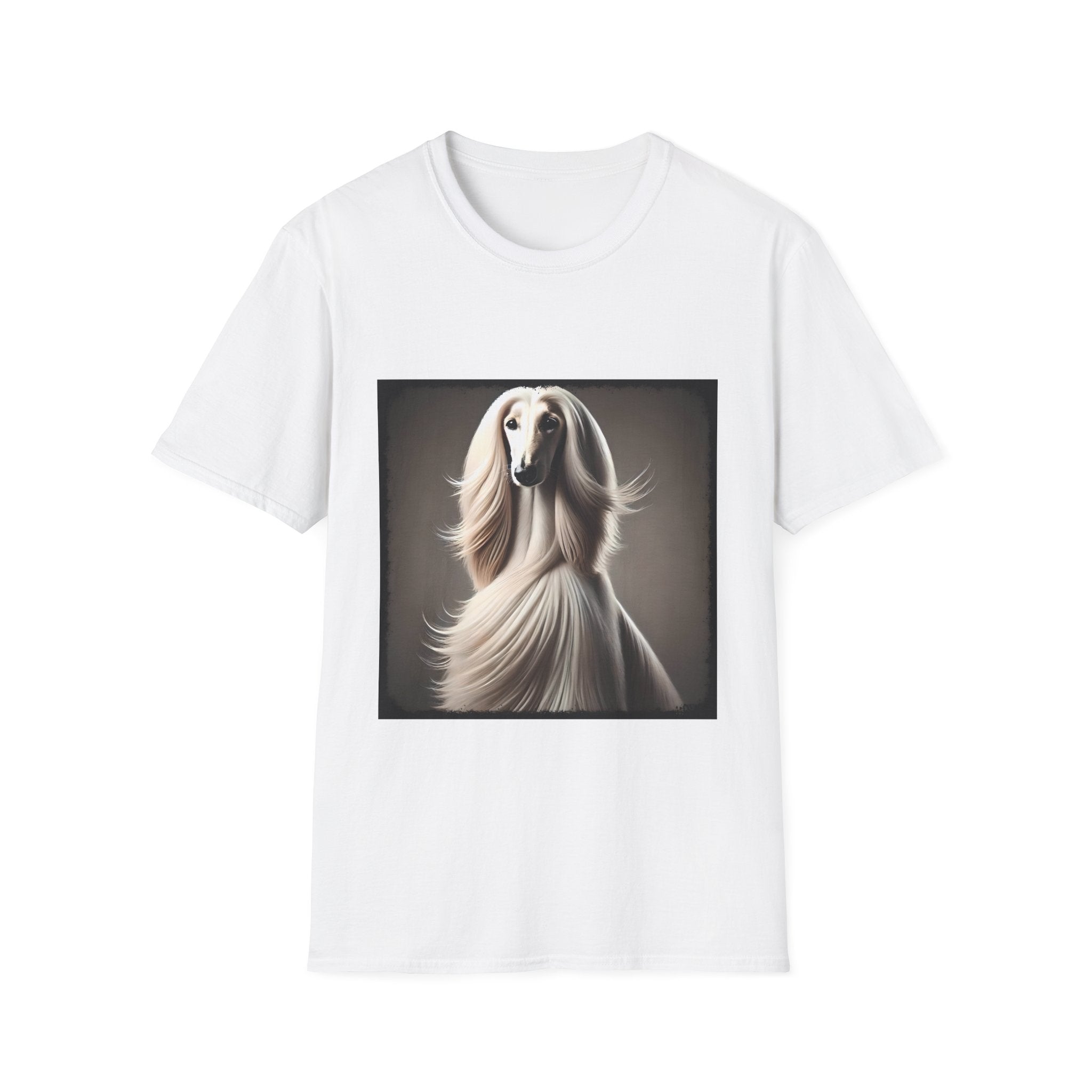 White Afghan Hound with flowing hair, featured on a stylish white dog t-shirt against a soft background.