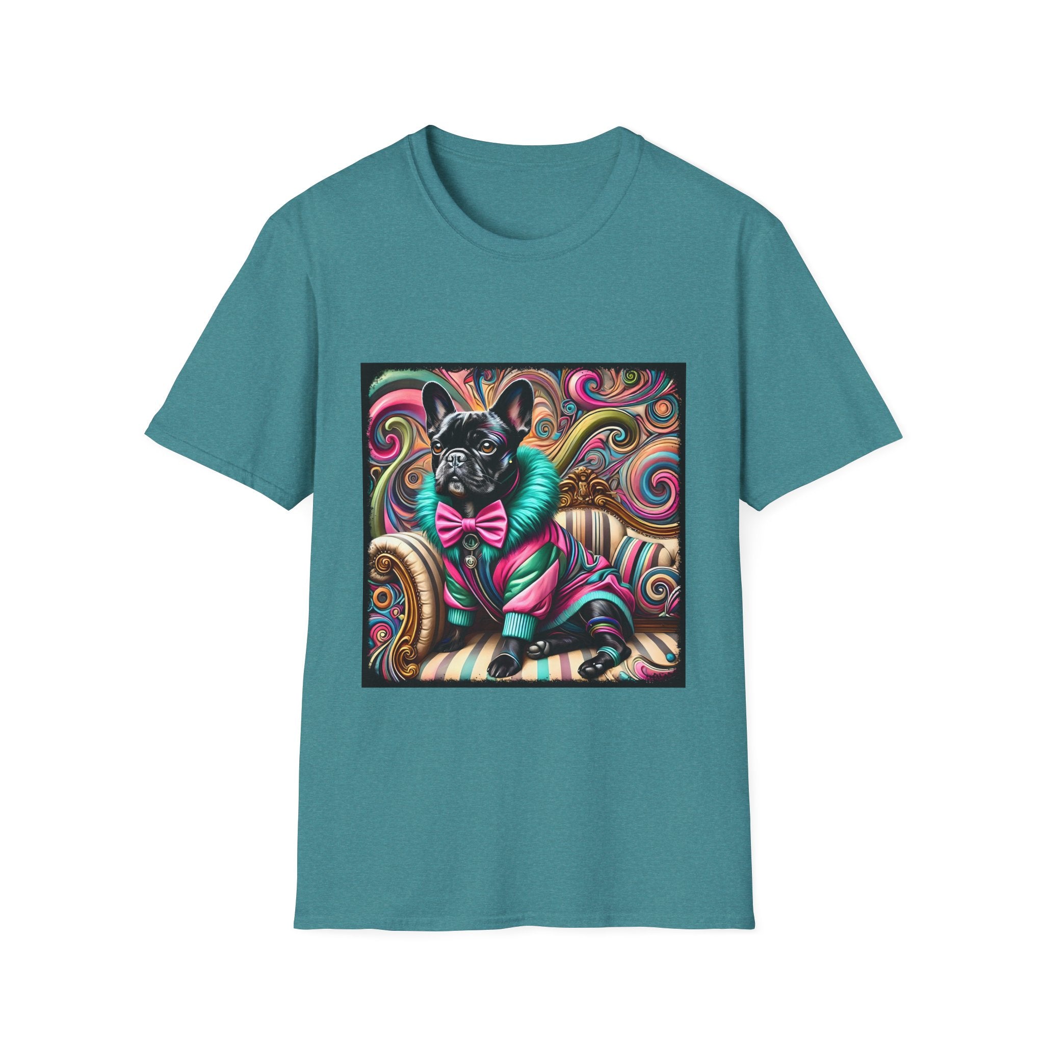 Dog t-shirt in teal featuring black French Bulldog in pink and teal outfit on ornate striped settee with swirl background.