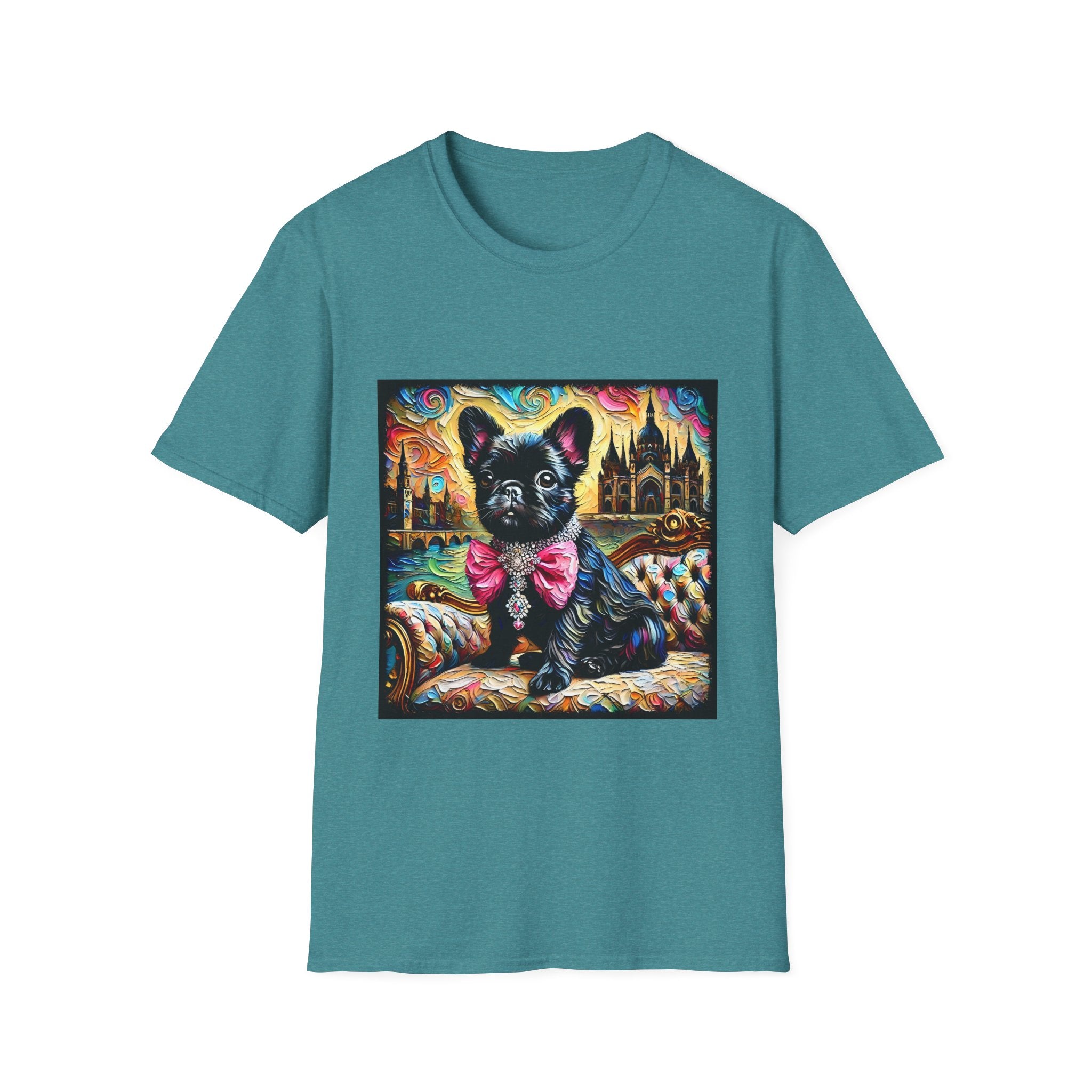 Teal dog t-shirt featuring black French Bulldog with jeweled pink bow, sitting on patterned settee, vivid castle swirl background.