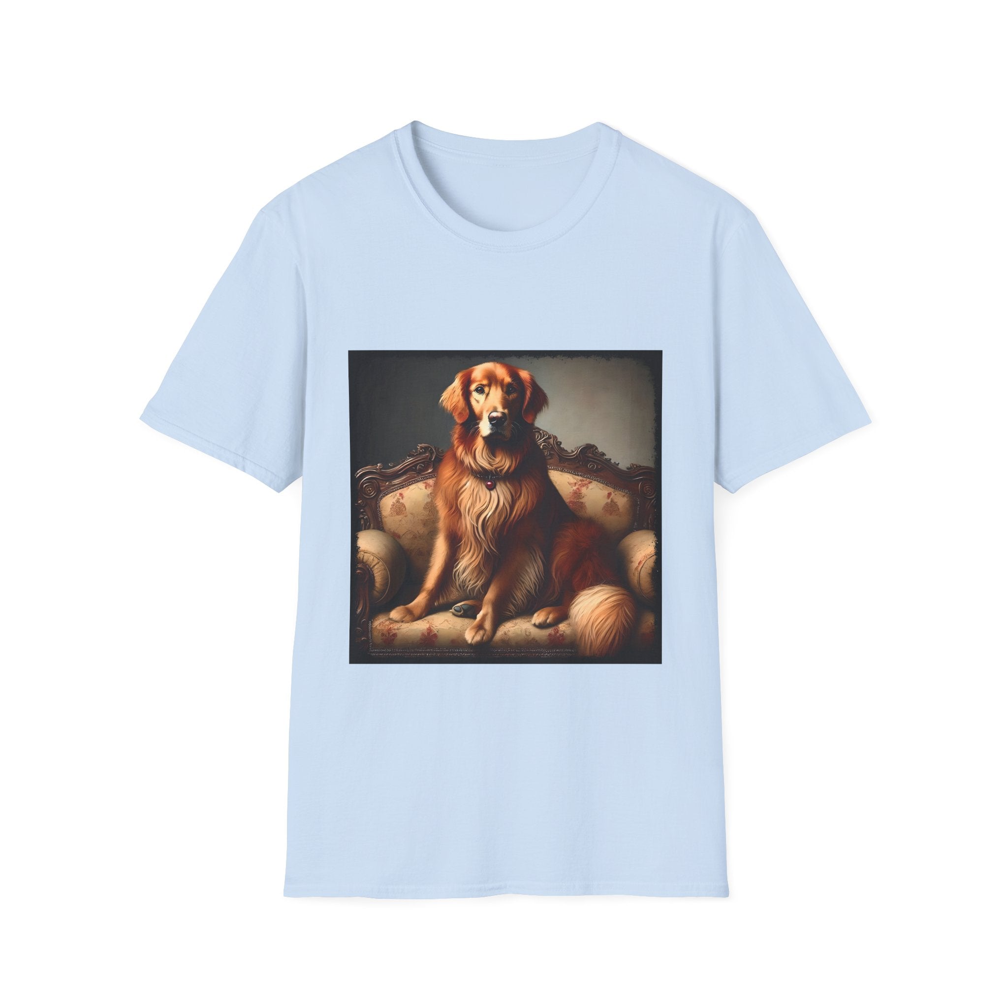 Light blue dog t-shirt featuring golden retriever on ornate settee with long fur and classic red tones.