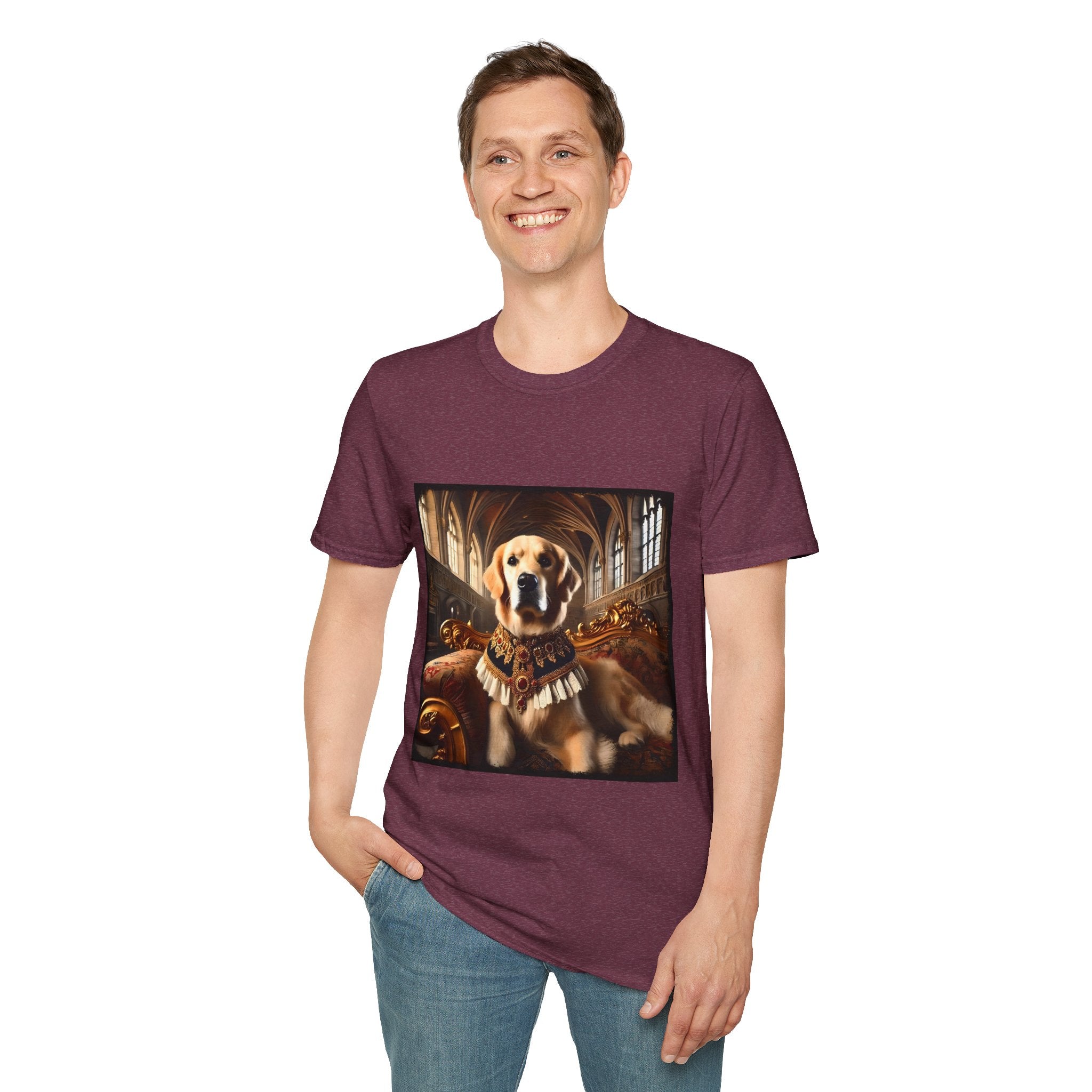 Man smiling in heather maroon dog t-shirt featuring golden retriever in royal collar on ornate settee in gothic hall.