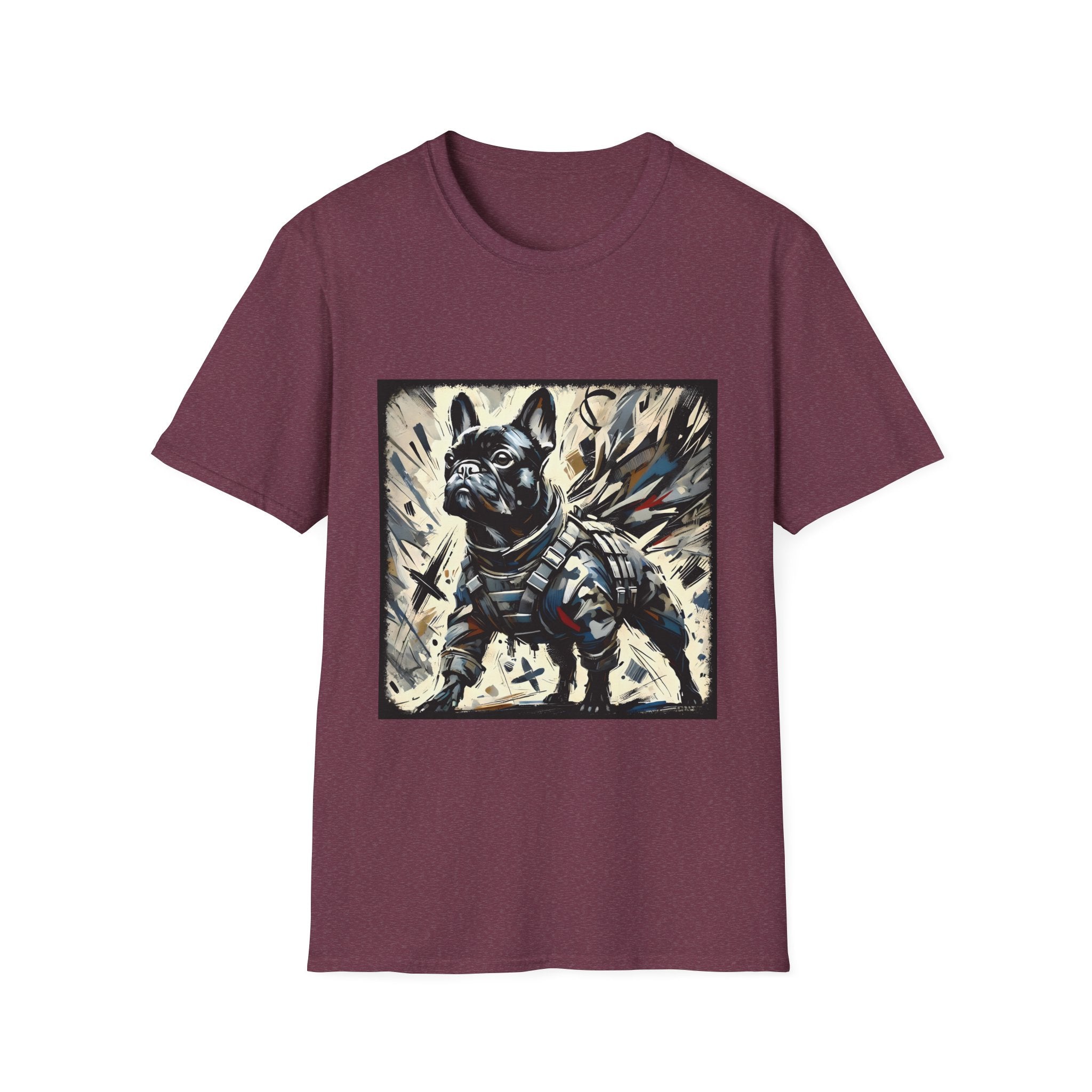 Heather maroon dog t-shirt featuring heroic black French Bulldog in battle armor, set against abstract explosive strokes.