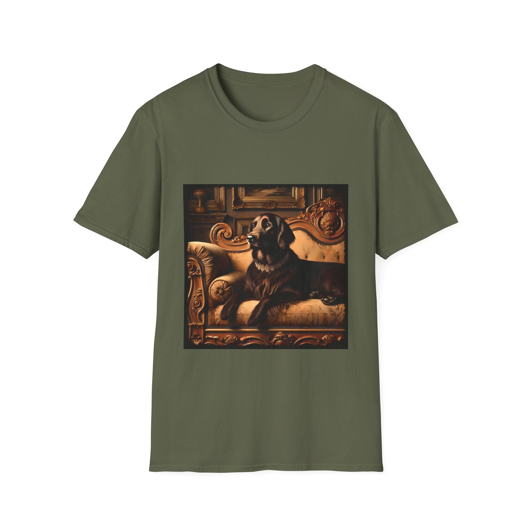 Military green dog t-shirt featuring chocolate golden retriever on gold settee, jeweled collar in regal backdrop.