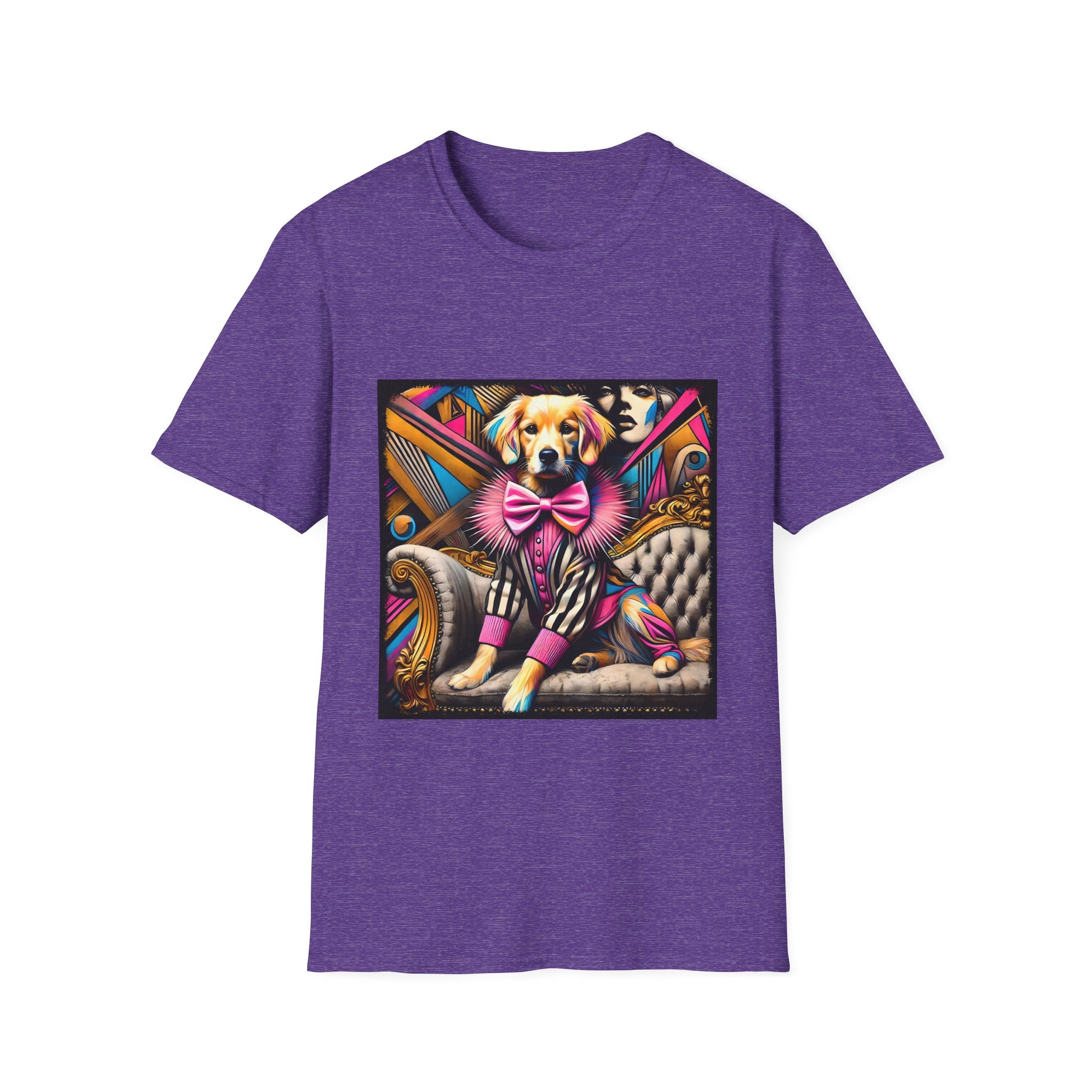 Heather purple dog t-shirt with golden retriever in striped outfit and pink bow on bold pop-art settee.