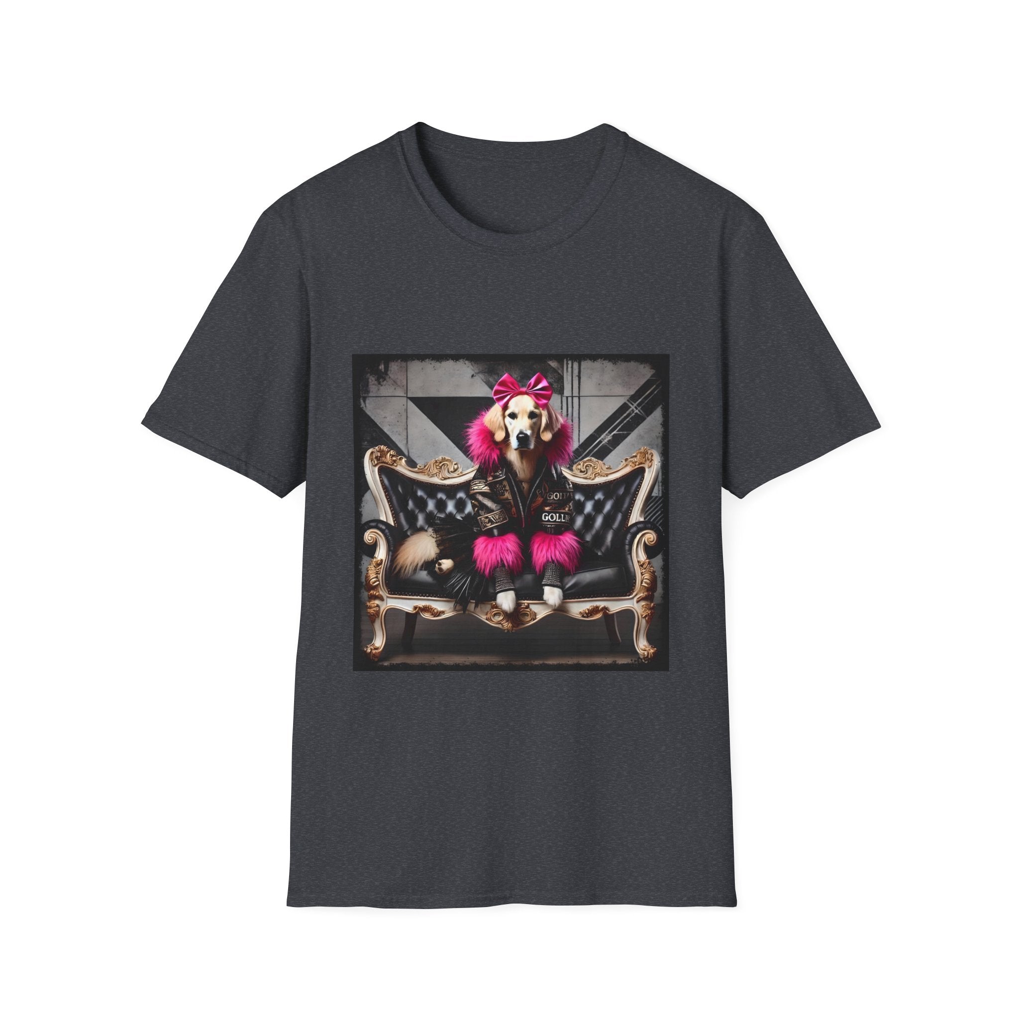 Dark heather dog t-shirt featuring golden retriever with pink bow and fur outfit on black settee in edgy backdrop.