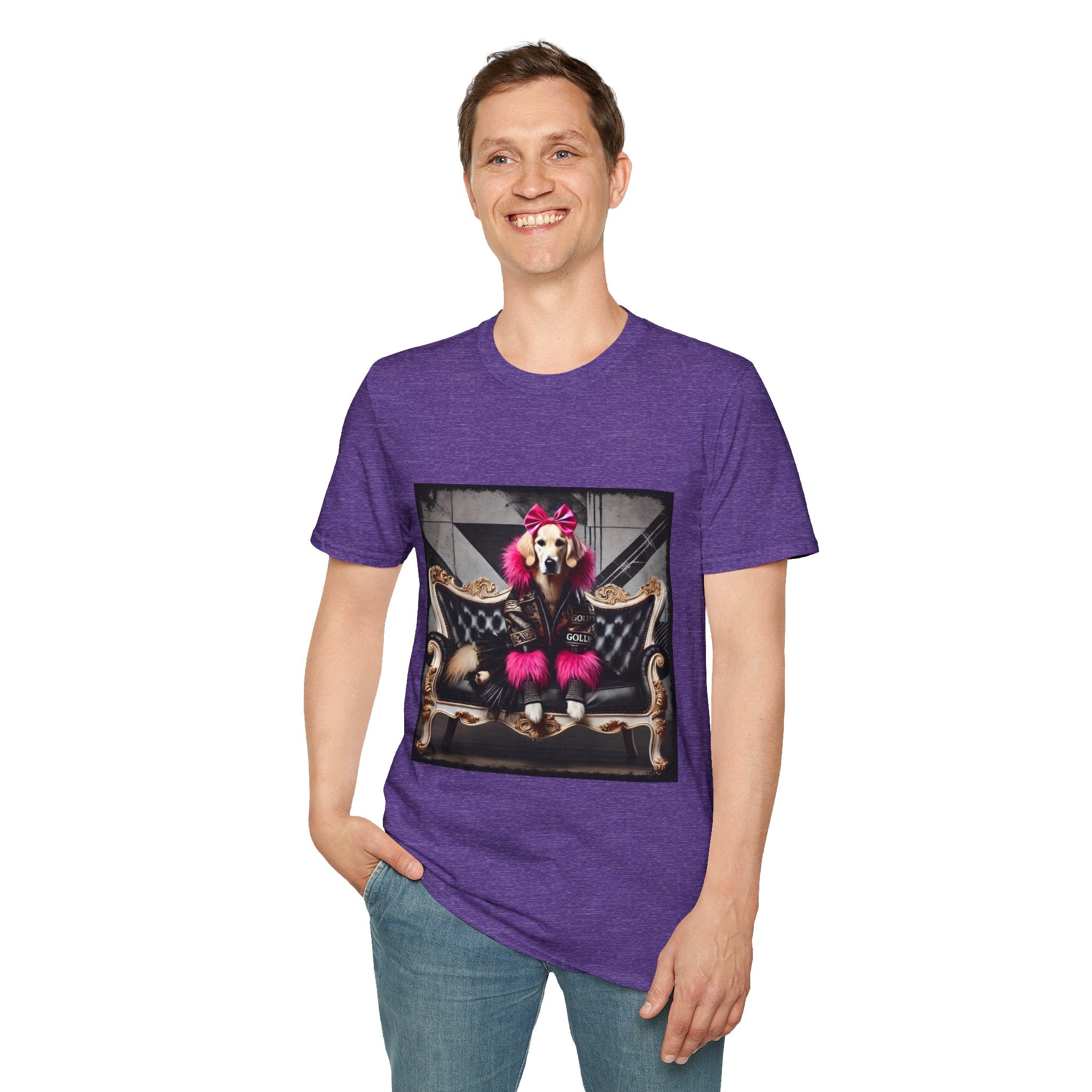 Male model in heather purple dog t-shirt featuring golden retriever with pink bow and fur outfit on black settee in edgy backdrop.