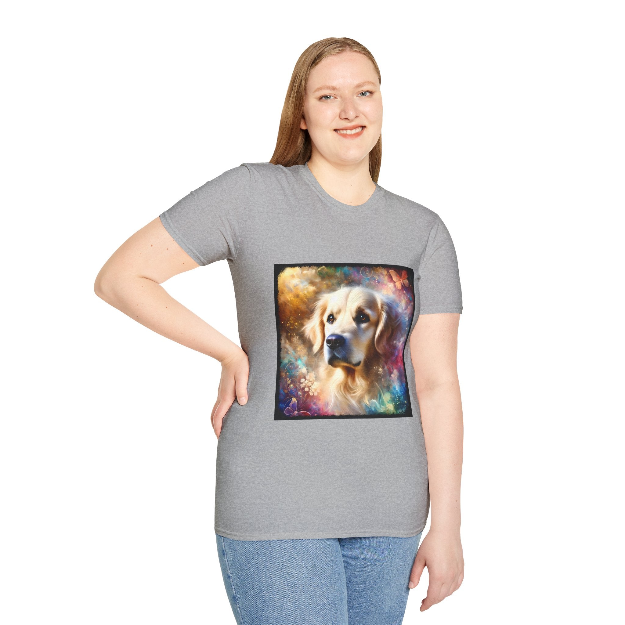 Female model in sport gray dog t-shirt with golden retriever portrait, soft fur, butterflies, and dreamy pastel colors.