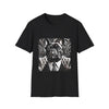Black dog t-shirt featuring black French Bulldog in suit with swirl background, monochrome style.