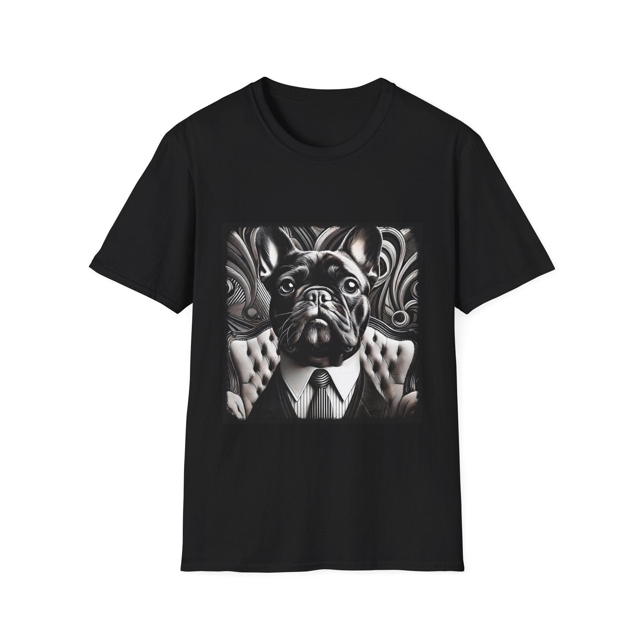 Black dog t-shirt featuring black French Bulldog in suit with swirl background, monochrome style.