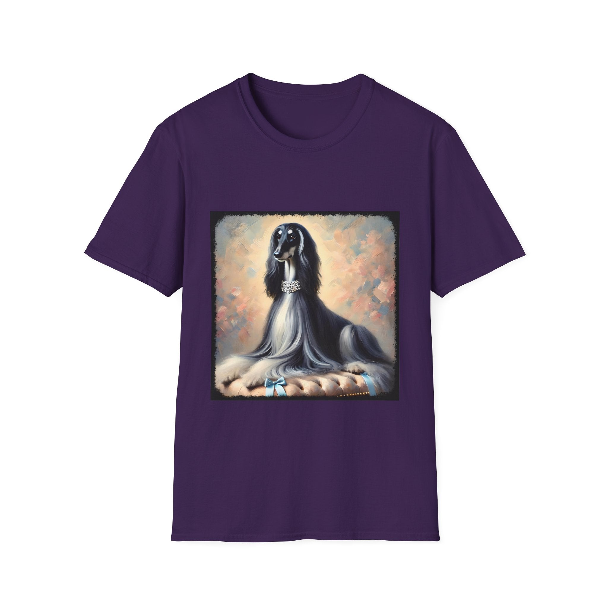 Front view of purple dog t-shirt featuring black and white Afghan Hound on cushion with diamond necklace, pastel background.