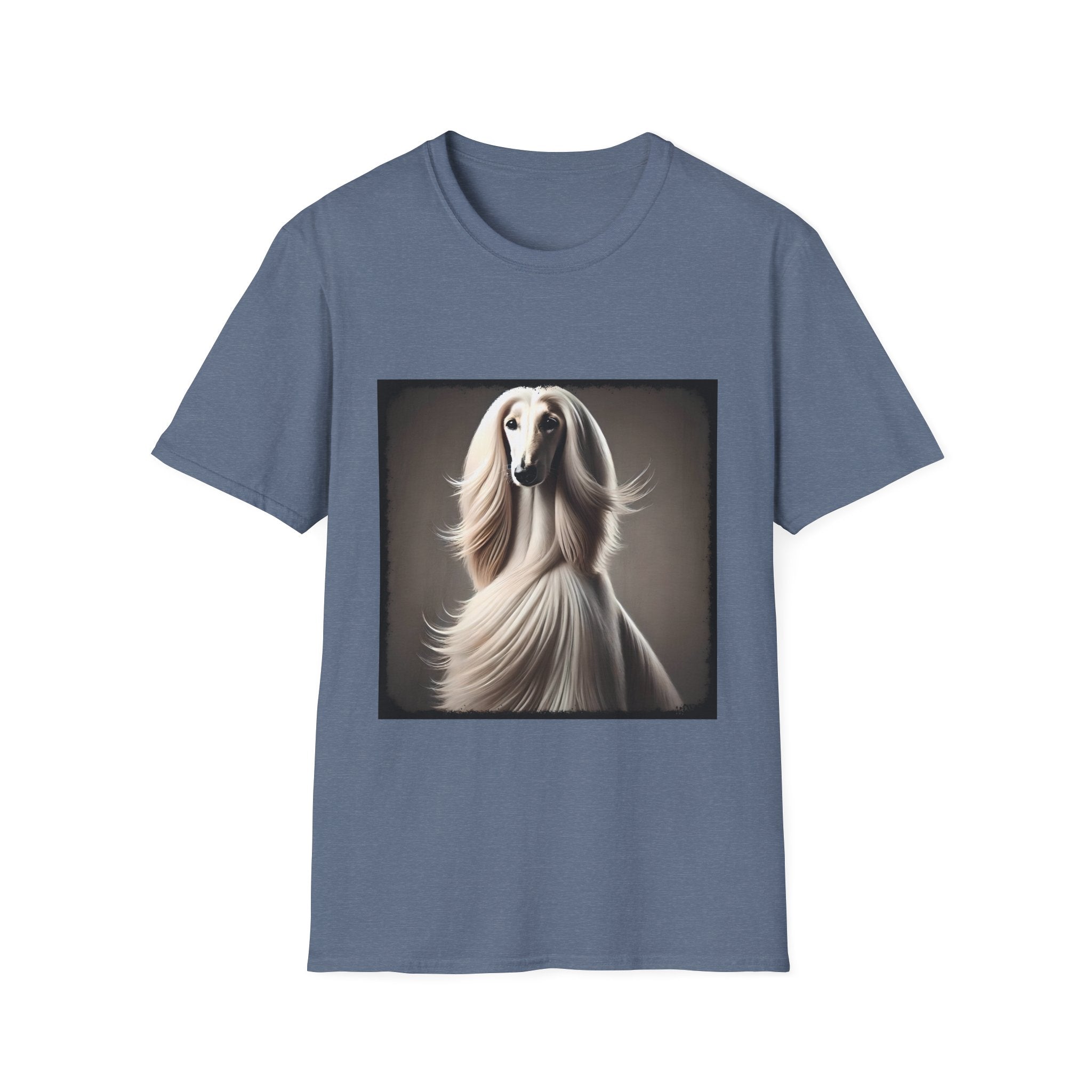 White Afghan Hound with flowing hair, featured on a stylish stone blue dog t-shirt against a soft background.