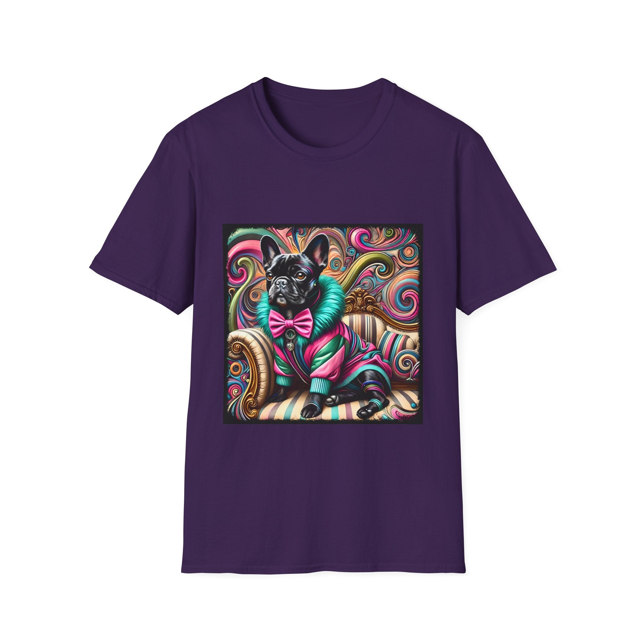 Dog t-shirt in purple featuring black French Bulldog in pink and teal outfit on ornate striped settee with swirl background.