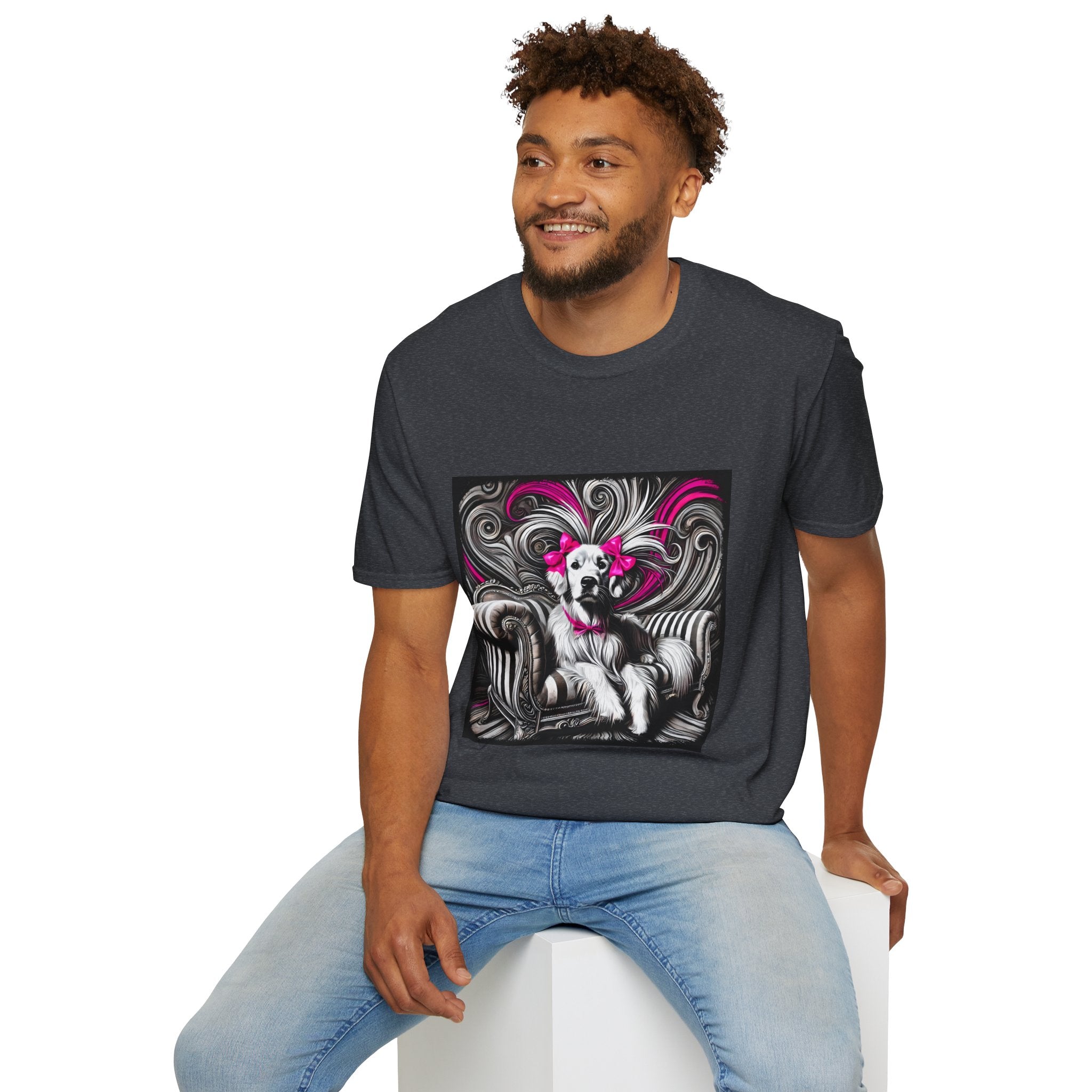 Male model in dark heather dog t-shirt featuring black-and-white art of retriever with pink bows and swirling accents.
