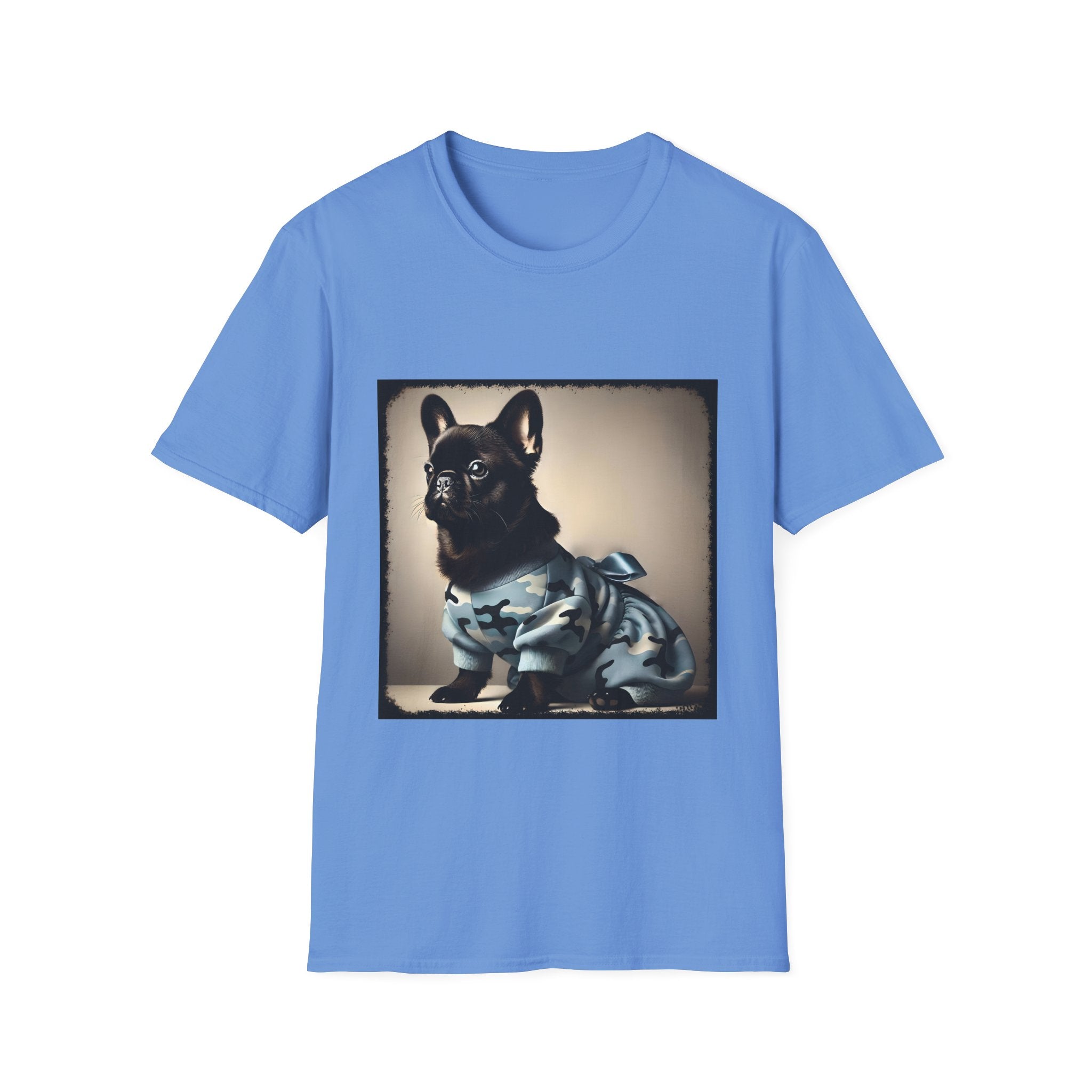 Carolina blue dog t-shirt featuring black French Bulldog in blue camo outfit with bow, set in soft vintage portrait.