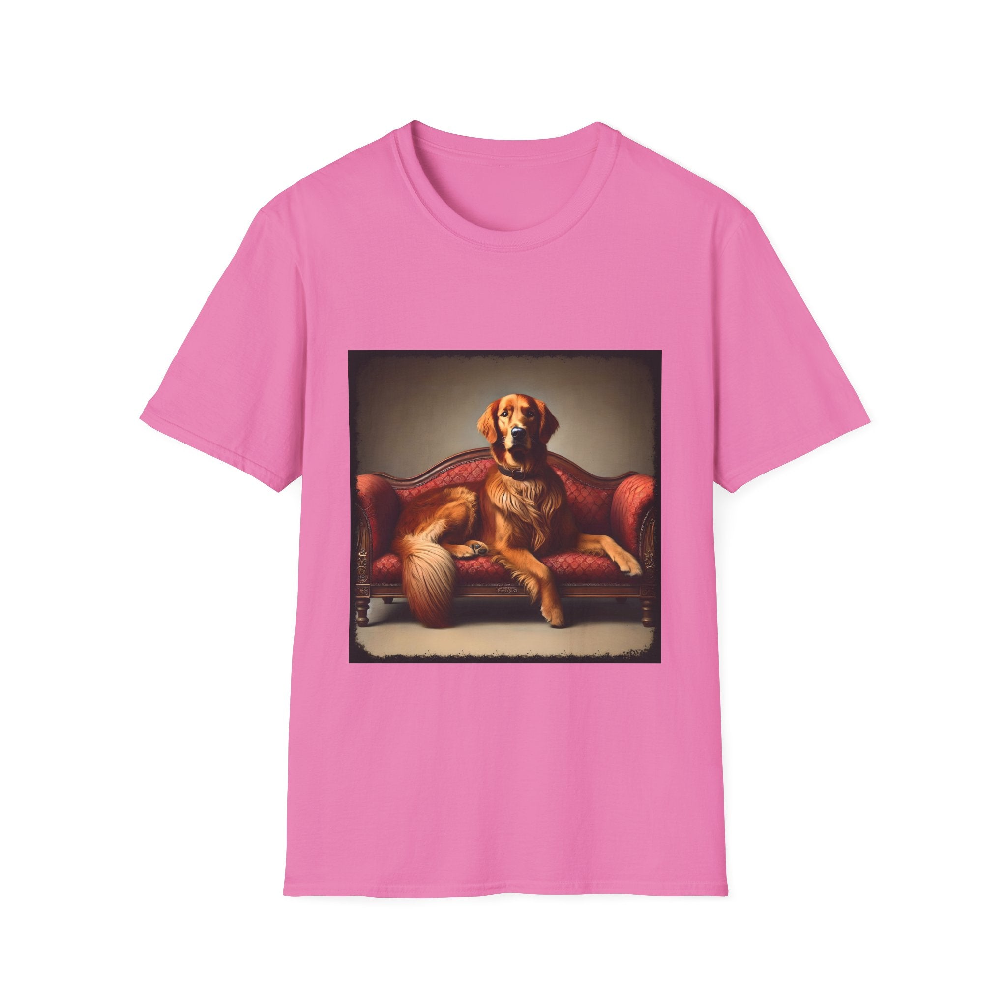 Pink dog t-shirt with golden retriever lounging on vintage red settee with regal posture.