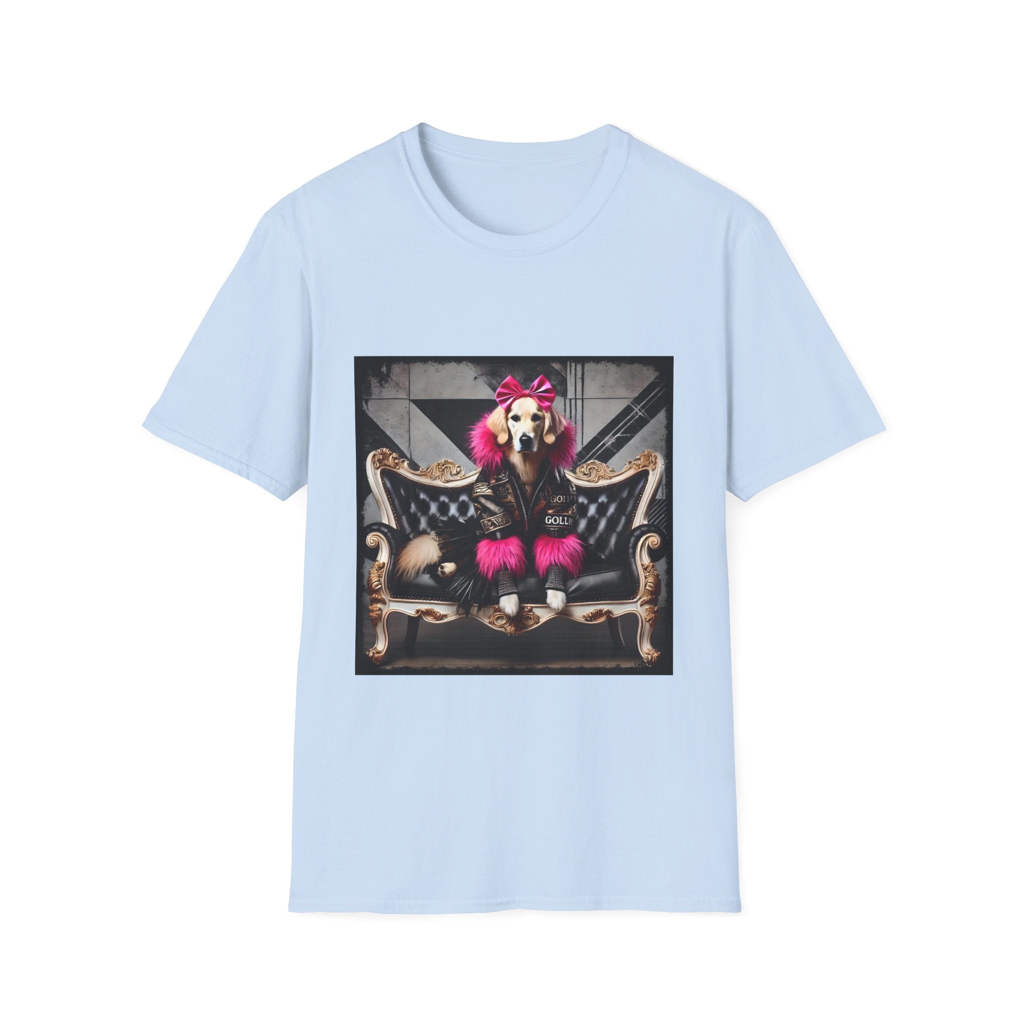 Light blue dog t-shirt featuring golden retriever with pink bow and fur outfit on black settee in edgy backdrop.