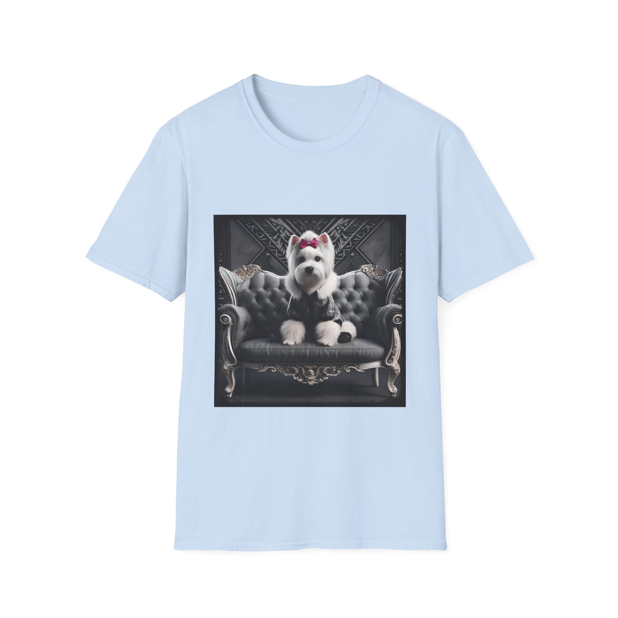 Light blue dog t-shirt featuring Westie in black outfit with pink bow seated on ornate gothic black couch.