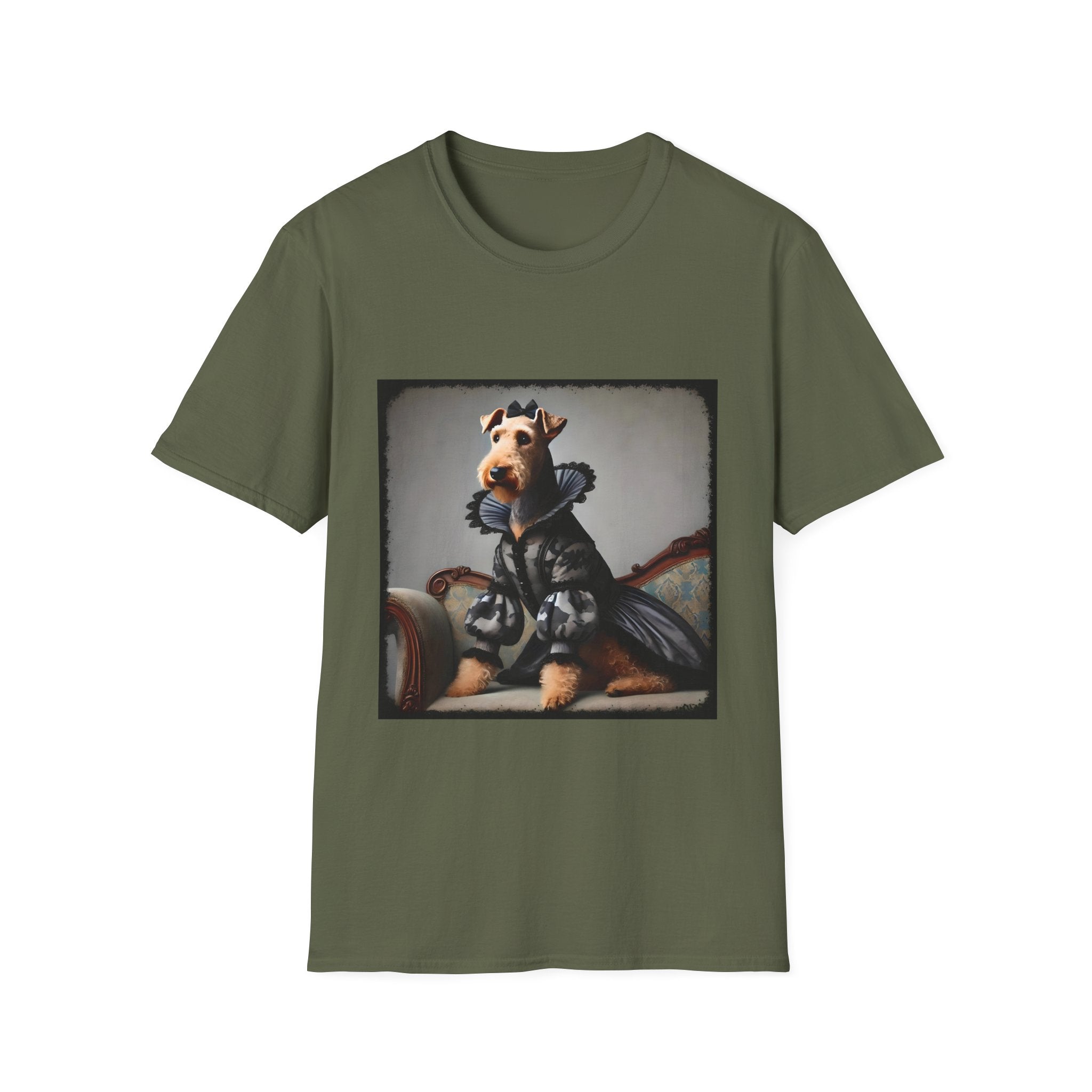 Military green dog t-shirt featuring Airedale terrier in camouflage Renaissance gown seated on settee.