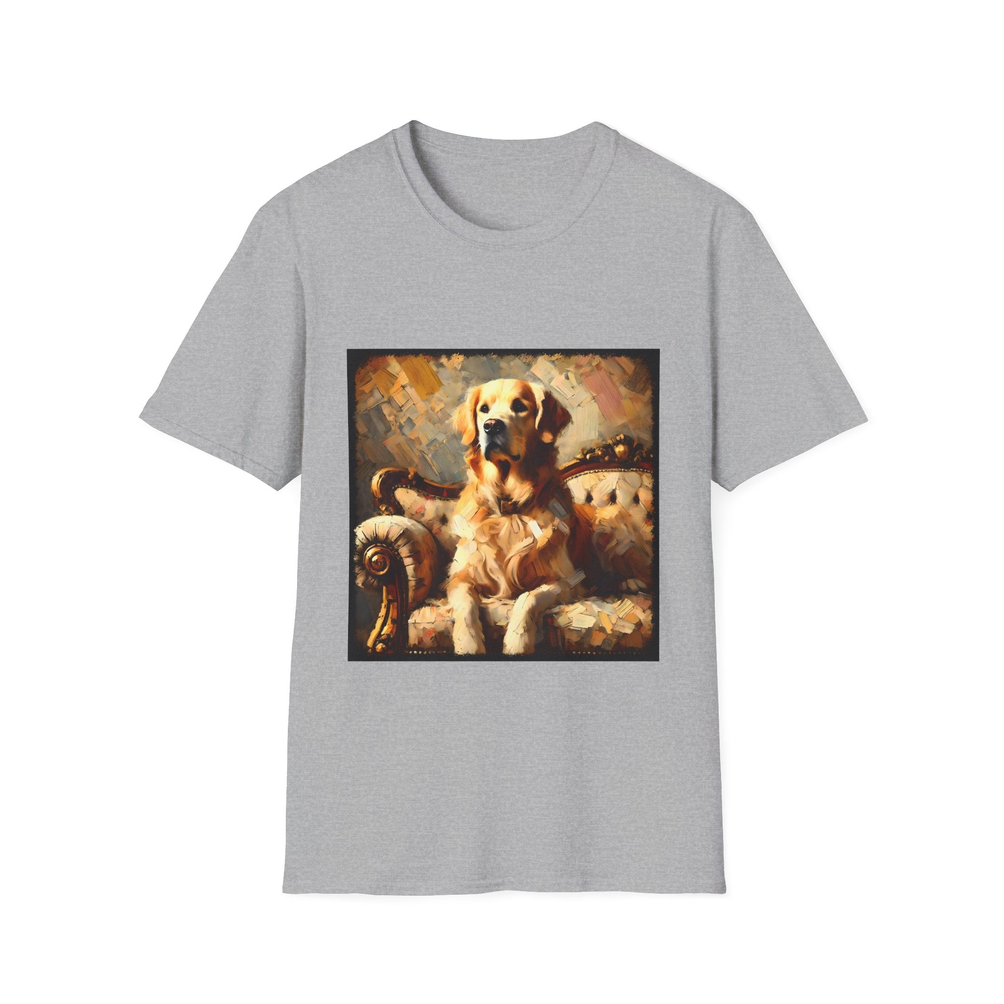 Sport gray dog t-shirt with golden retriever on ornate couch, painted in rich textured brushstrokes.