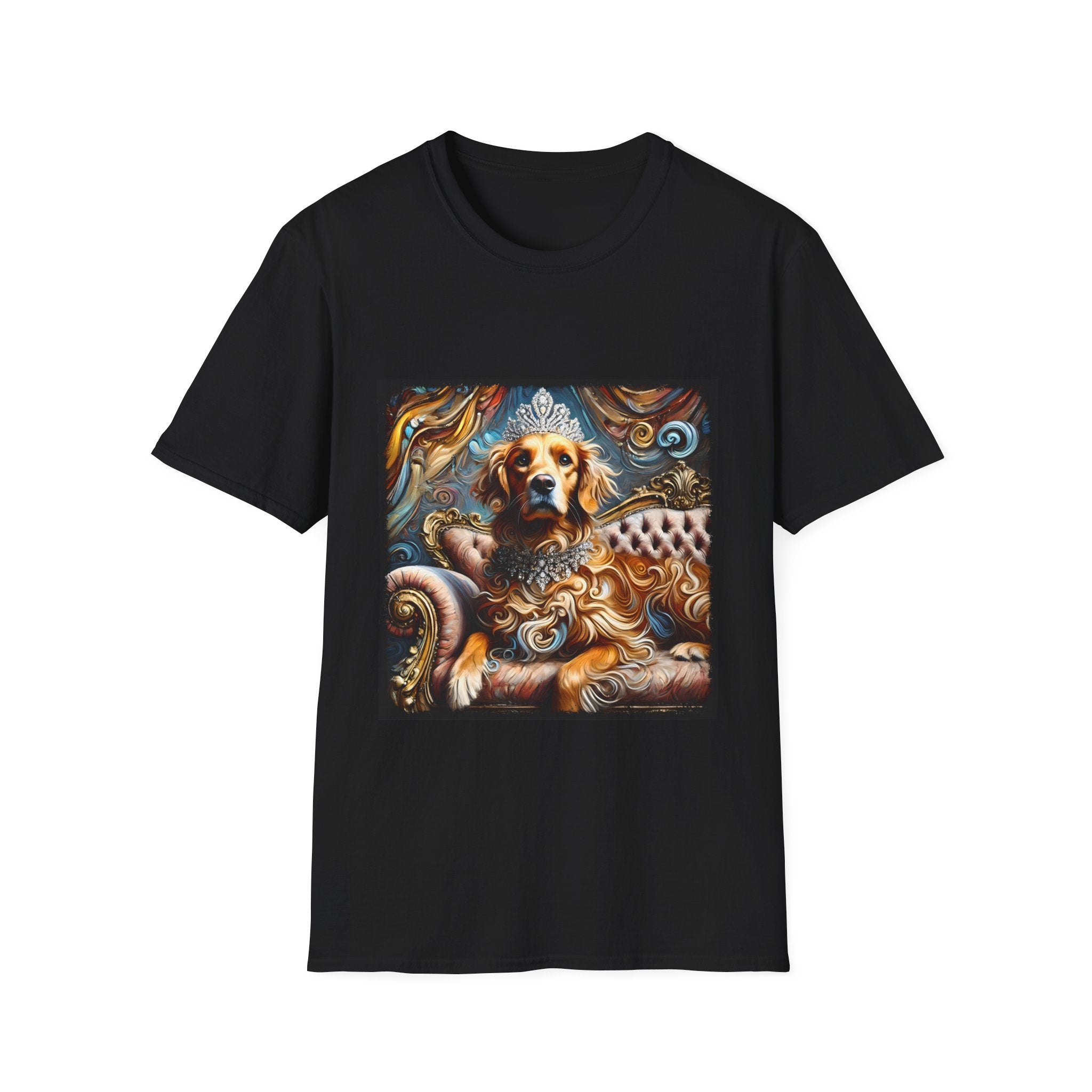 Black dog t-shirt with golden retriever in crown and jewels on tufted settee, baroque-style backdrop.