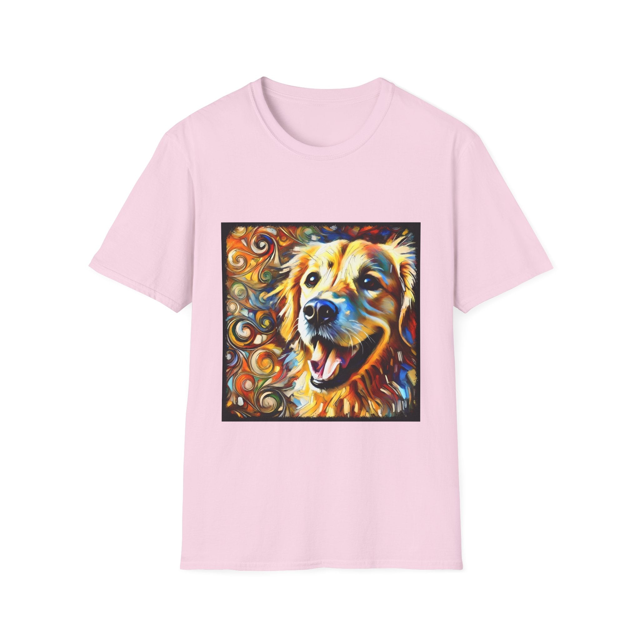 Light pink dog t-shirt featuring smiling golden retriever portrait with bold swirls in orange, gold, and blue.