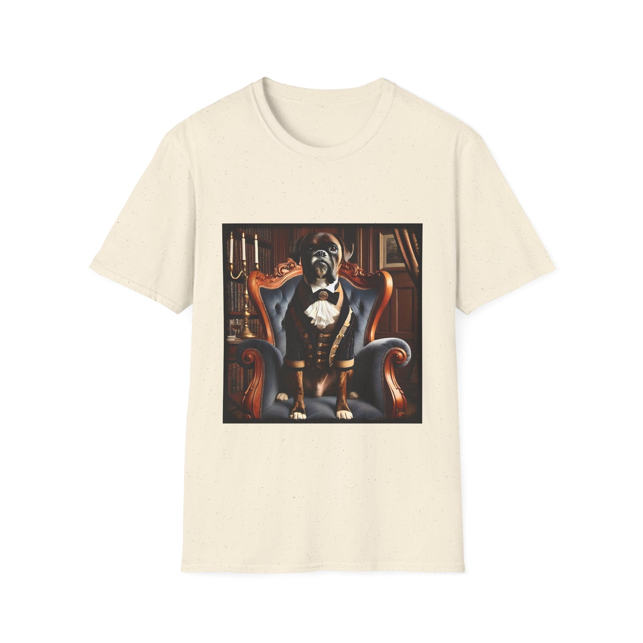 Natural dog t-shirt featuring boxer in brown period suit with cravat seated in ornate blue armchair.
