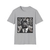 Sport Gray dog t-shirt featuring black French Bulldog in suit with swirl background, monochrome style.