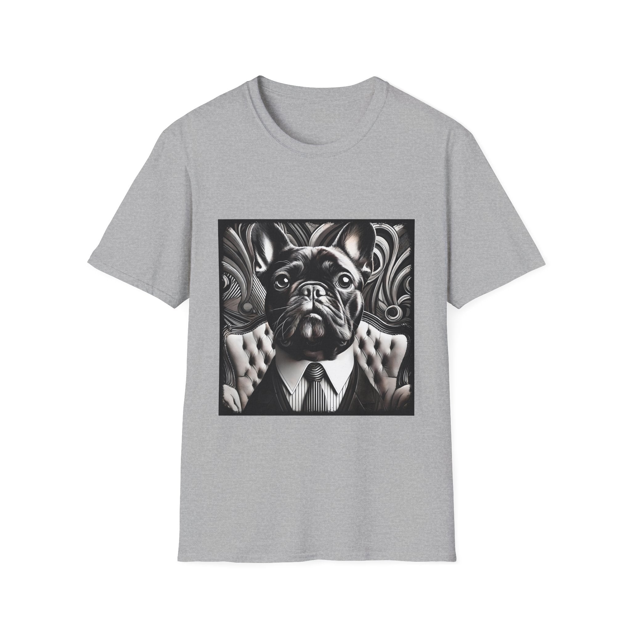 Sport Gray dog t-shirt featuring black French Bulldog in suit with swirl background, monochrome style.
