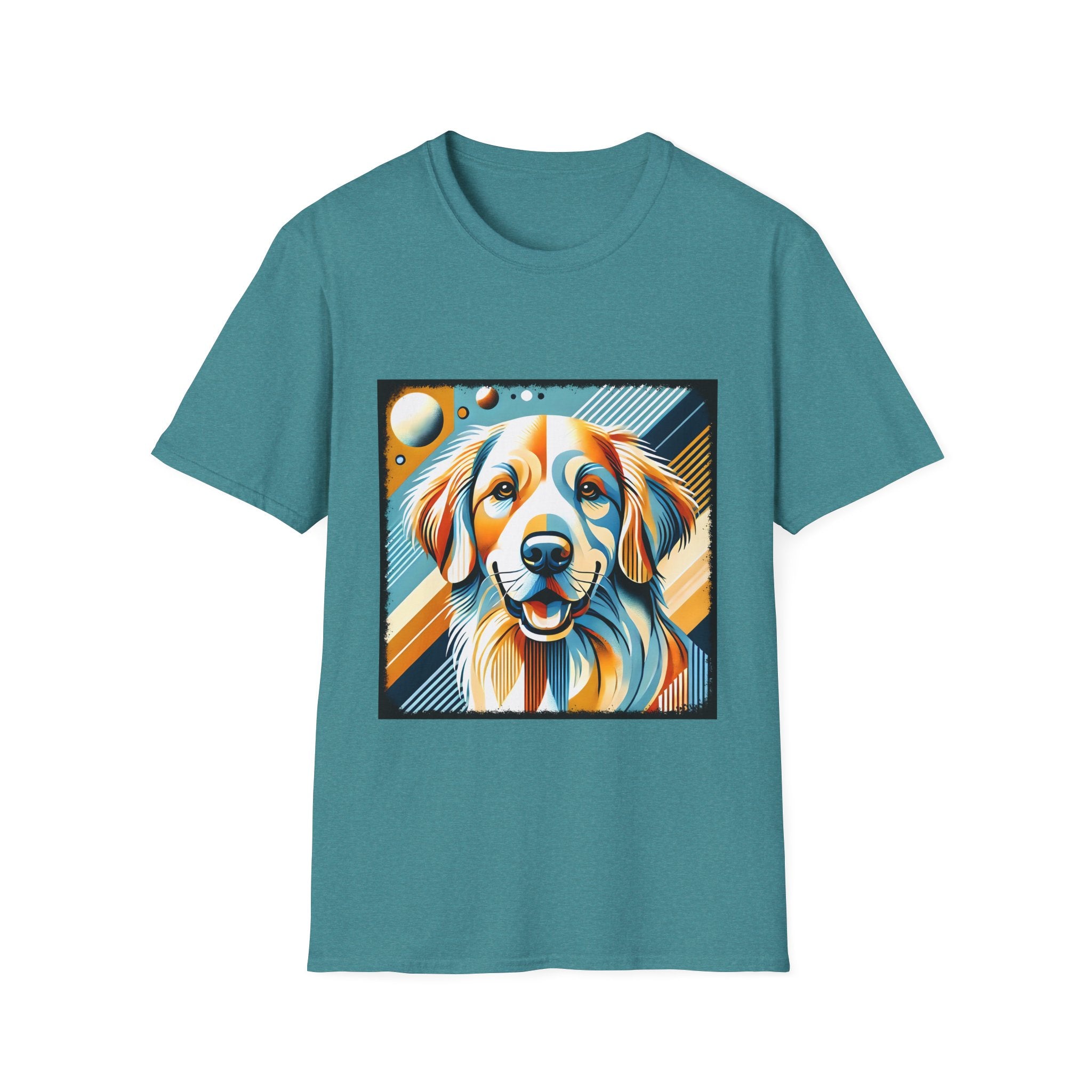 Teal dog t-shirt featuring smiling golden retriever in abstract pop style with blue, orange, and cream tones.