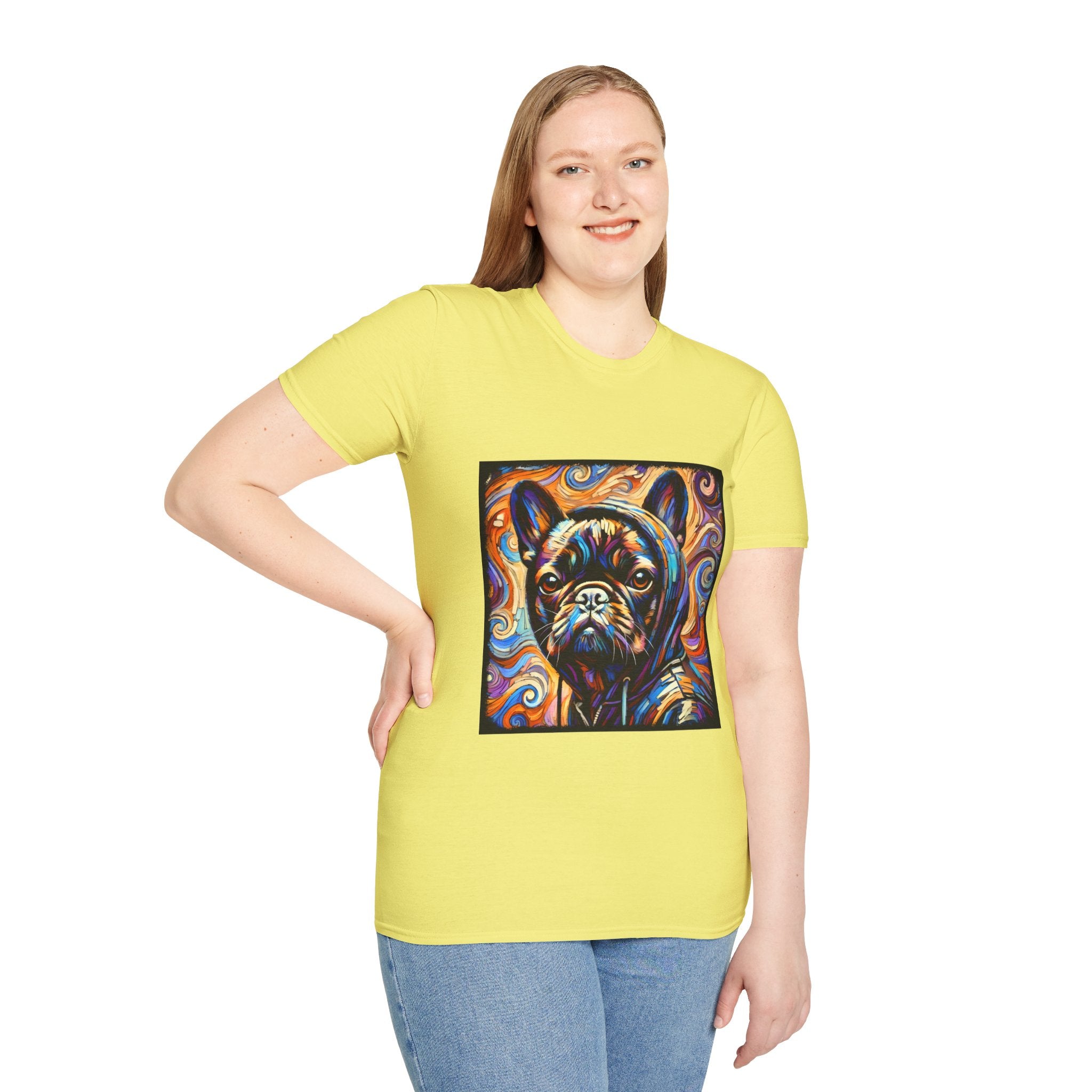 Female model in yellow dog t-shirt featuring colorful French Bulldog in hoodie with vivid swirl background.