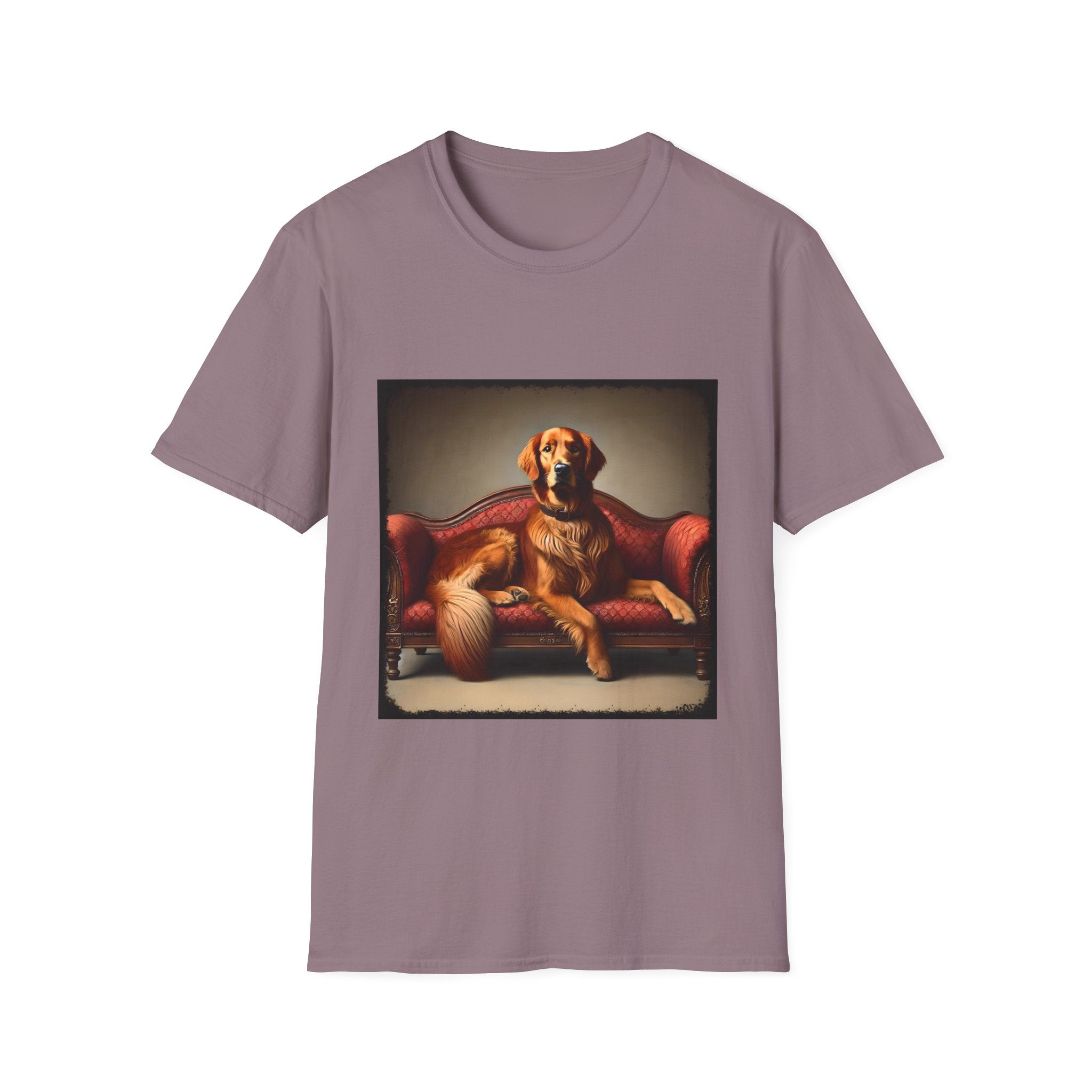Mauve dog t-shirt with golden retriever lounging on vintage red settee with regal posture.