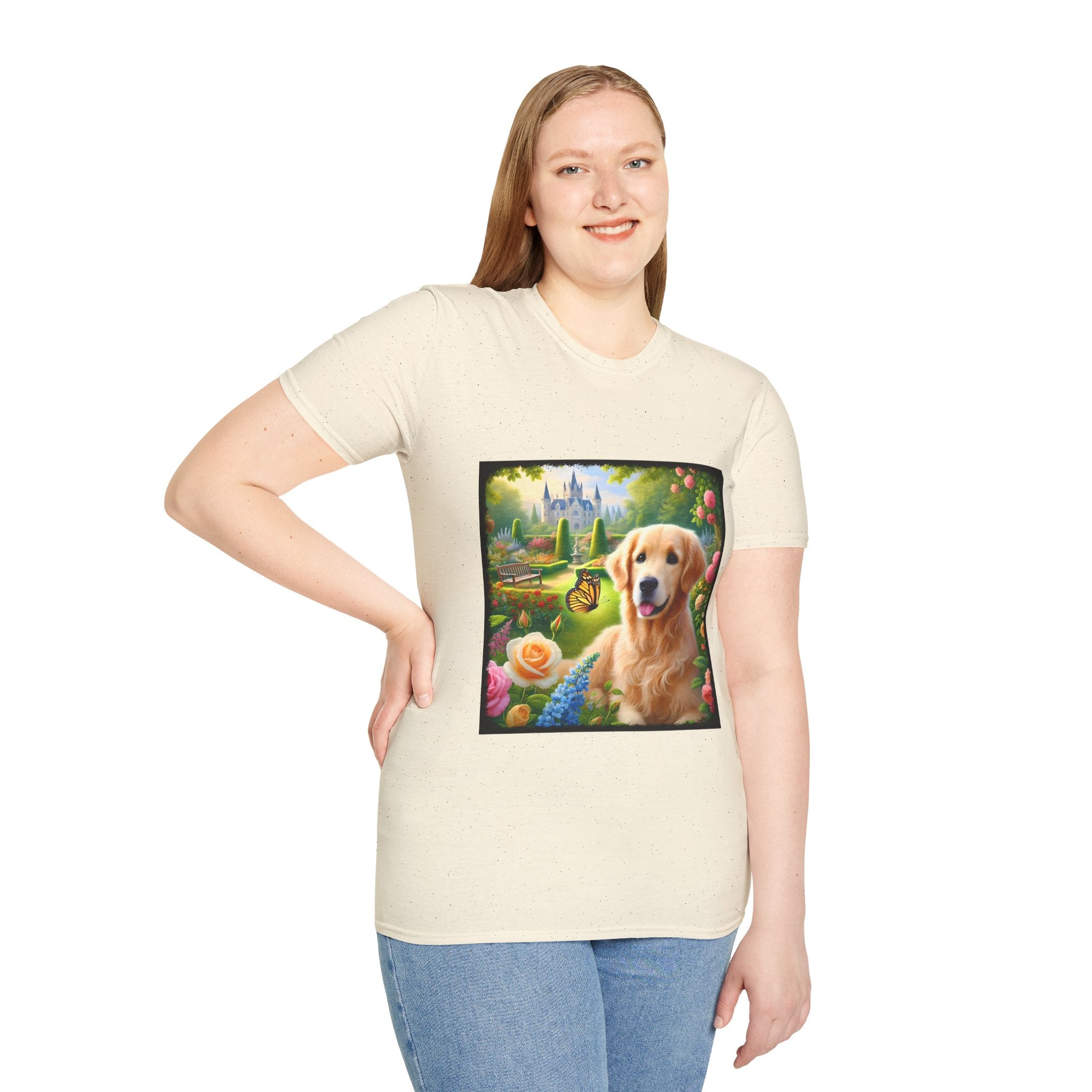 Female model wears natural dog t-shirt featuring a golden retriever in a vibrant castle garden with blooming roses and a butterfly.