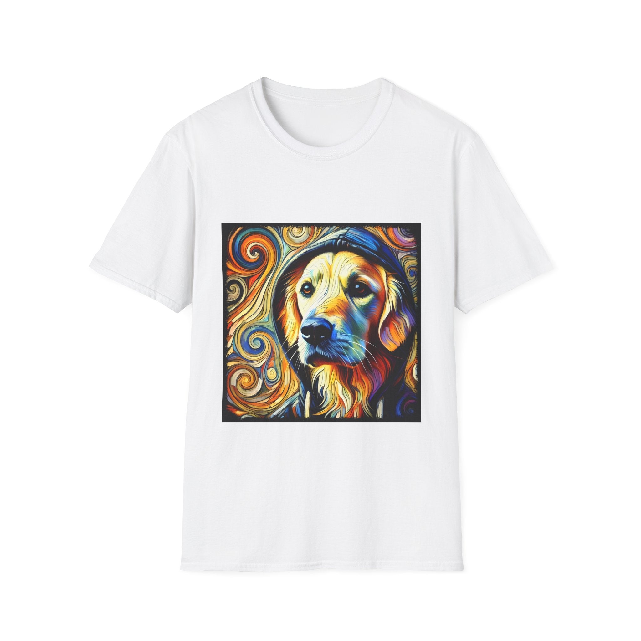 White dog t-shirt with golden retriever in hoodie, swirled background in orange, yellow, and teal tones.