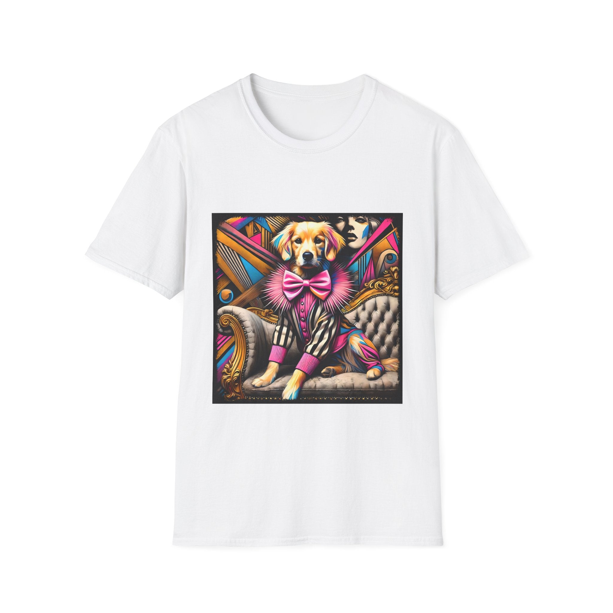 White dog t-shirt with golden retriever in striped outfit and pink bow on bold pop-art settee.