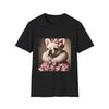 Black dog t-shirt featuring cream French Bulldog in pink bow and fur coat, styled in soft vintage portrait.
