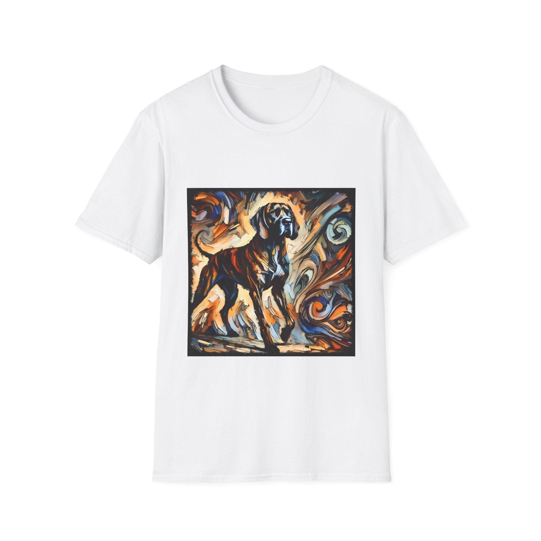 White dog t-shirt featuring a Coonhound with bold brush strokes in orange, blue, black, and cream.