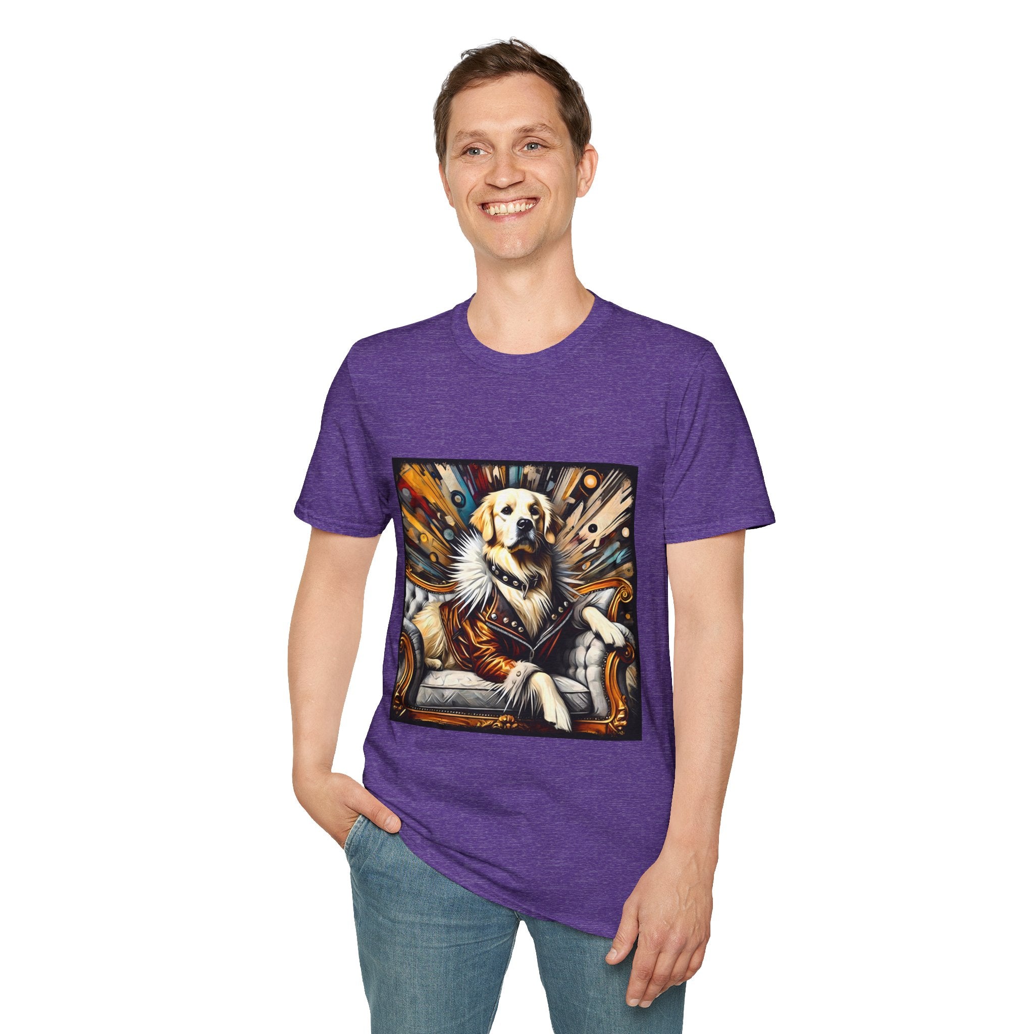 Male model in heather purple dog t-shirt featuring golden retriever in fur coat on gold throne with colorful backdrop.