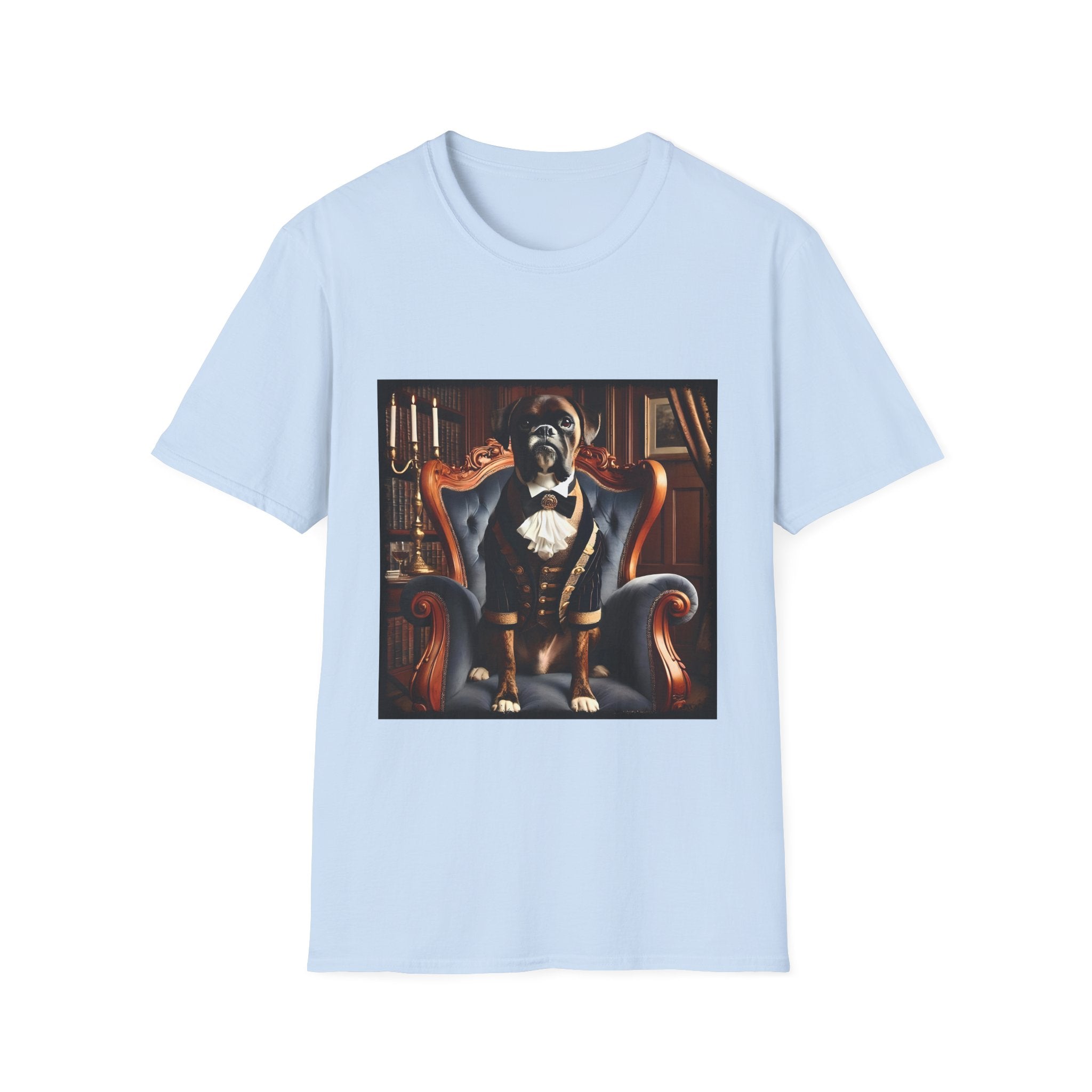 Light blue dog t-shirt featuring boxer in brown period suit with cravat seated in ornate blue armchair.