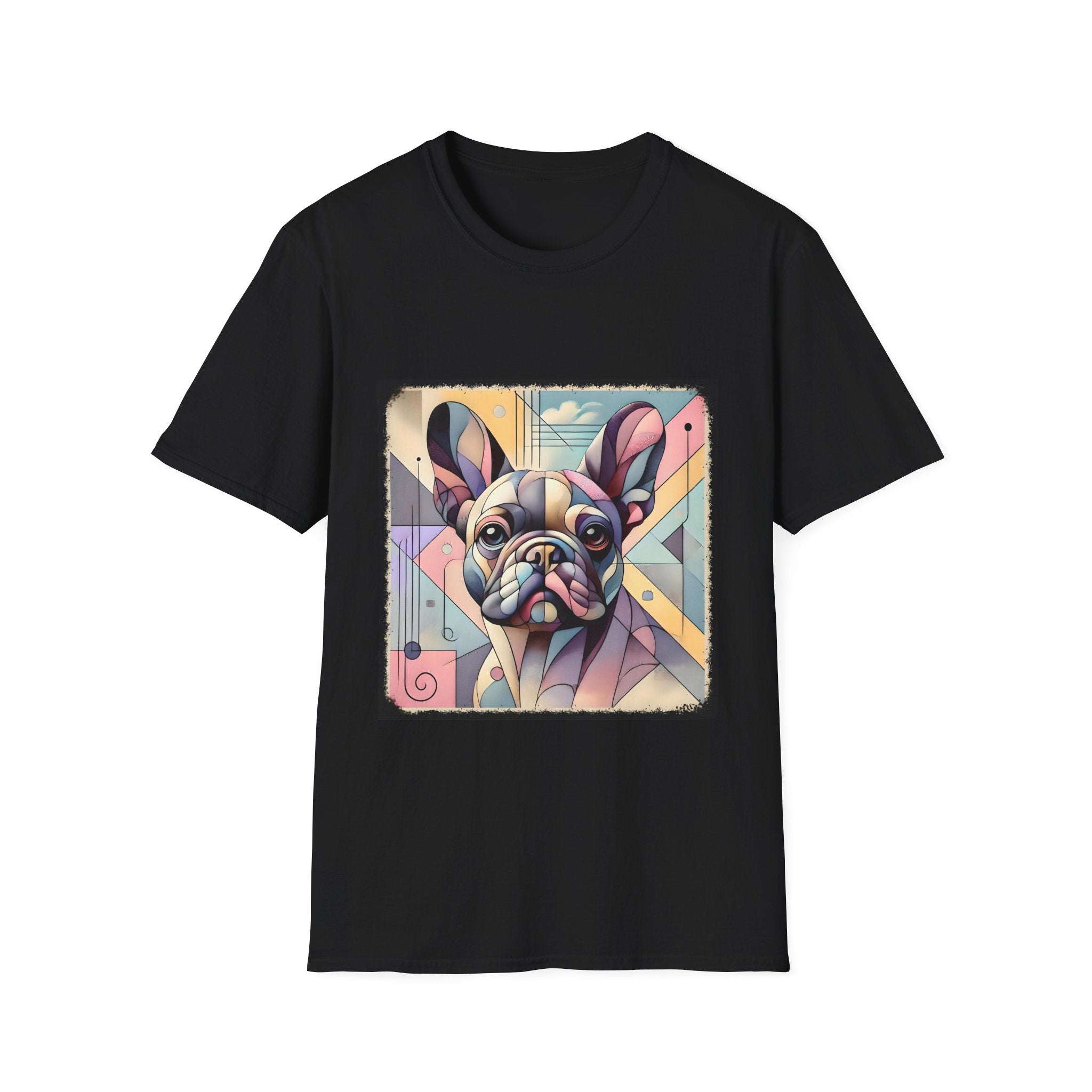 Black shirt with Cubism-style French Bulldog design in soft pastel colors and abstract shapes.