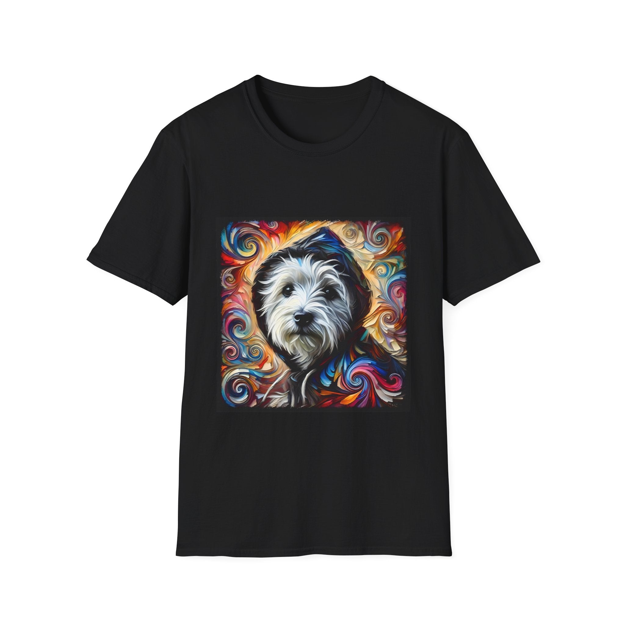 Black dog t-shirt featuring Westie in black hoodie with swirling red blue orange and gold background.
