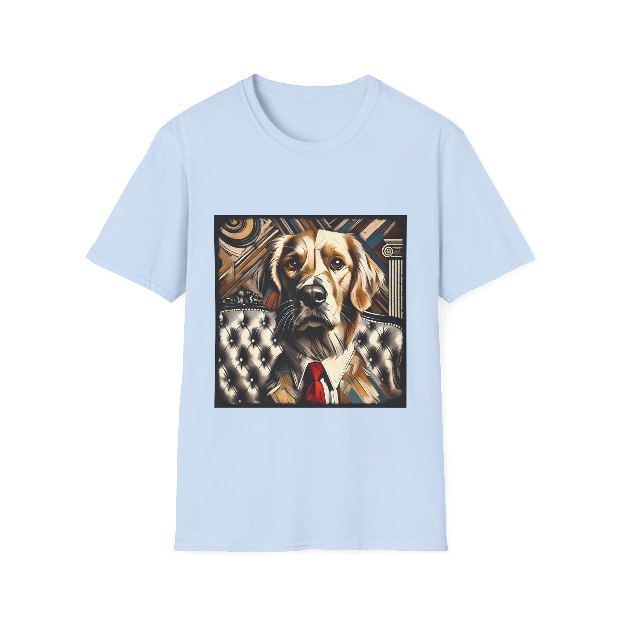 Light blue dog t-shirt featuring golden retriever in suit and red tie, seated on tufted chair with abstract backdrop.