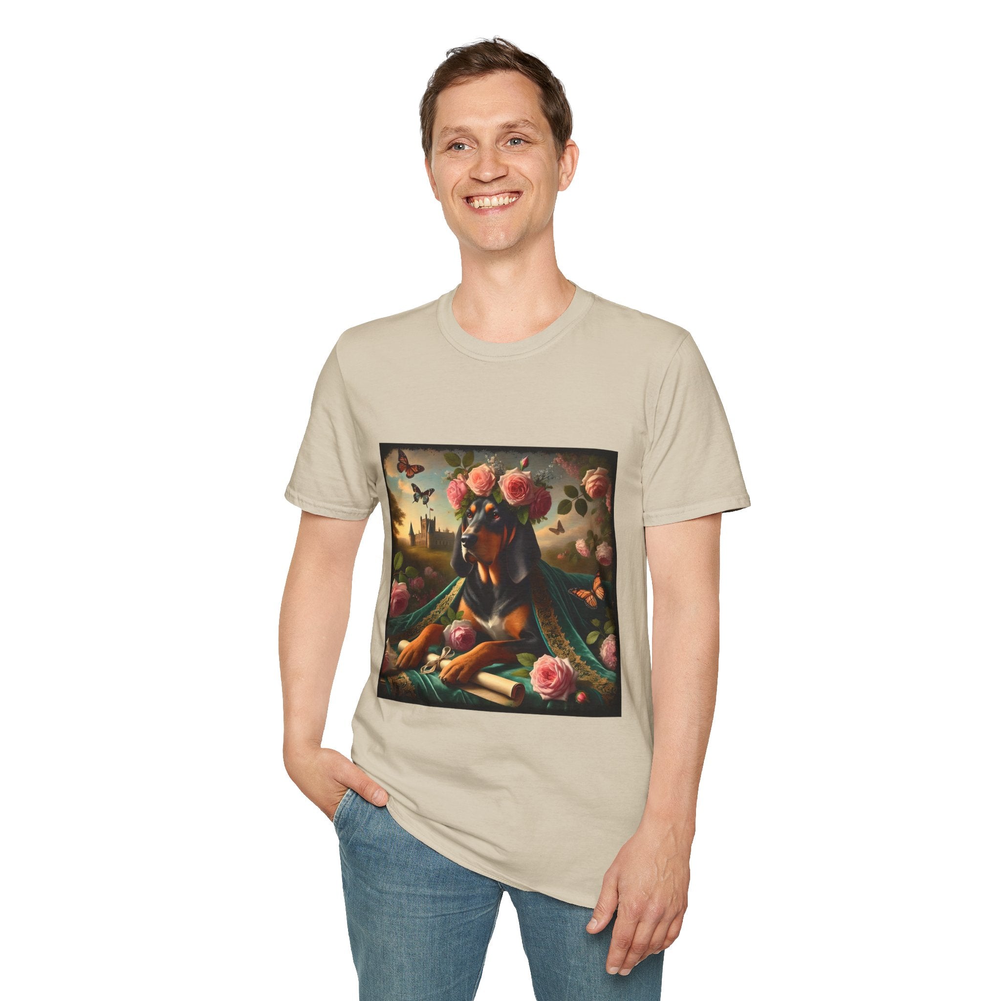 Male model in sand dog t-shirt featuring coonhound in rose garden wearing green embroidered cape and crown of pink flowers.