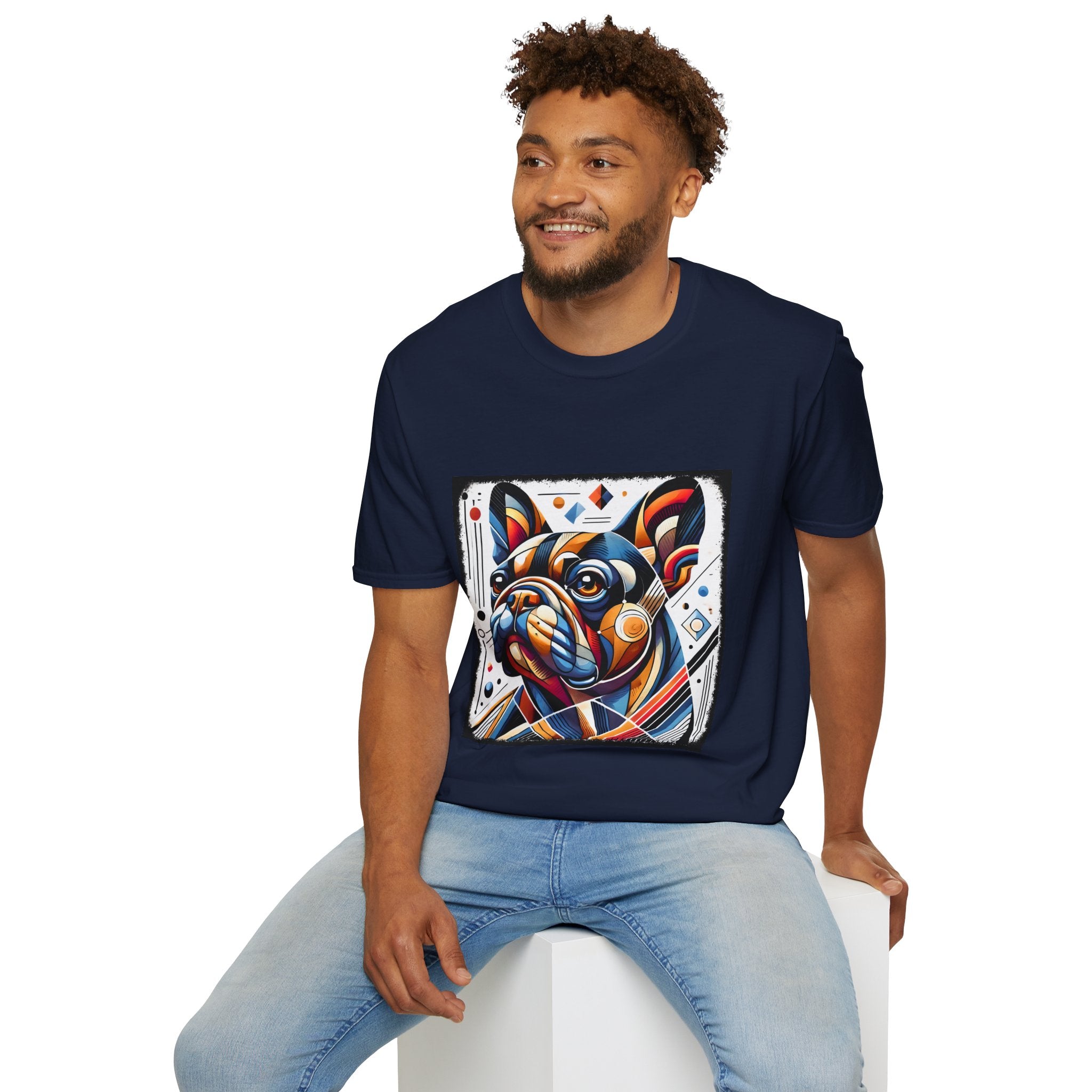 Male model in navy blue dog t-shirt featuring geometric-style French Bulldog in vivid orange, blue, and red against a white abstract background.