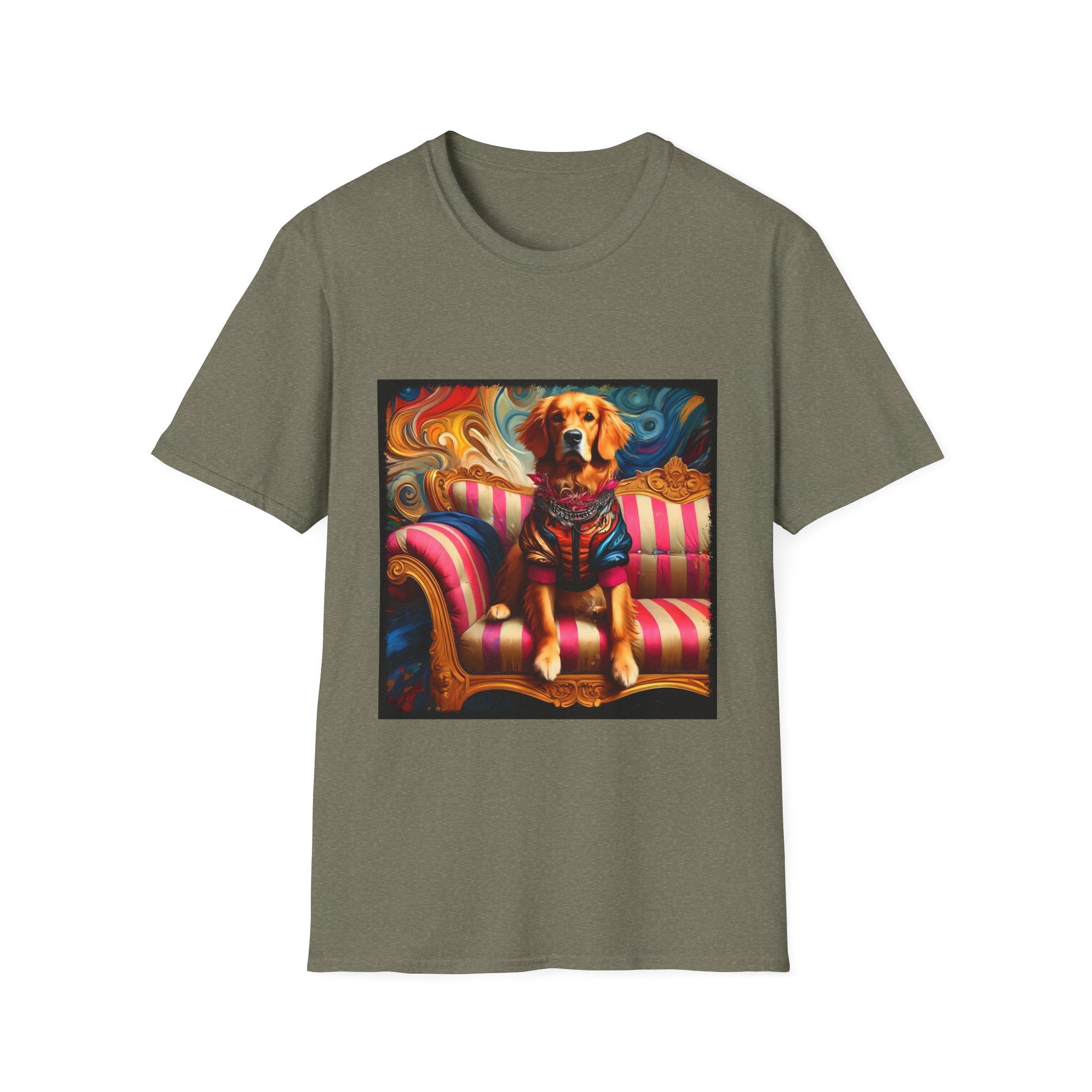Heather military green dog t-shirt with golden retriever in regal jacket on pink striped settee, swirled backdrop.