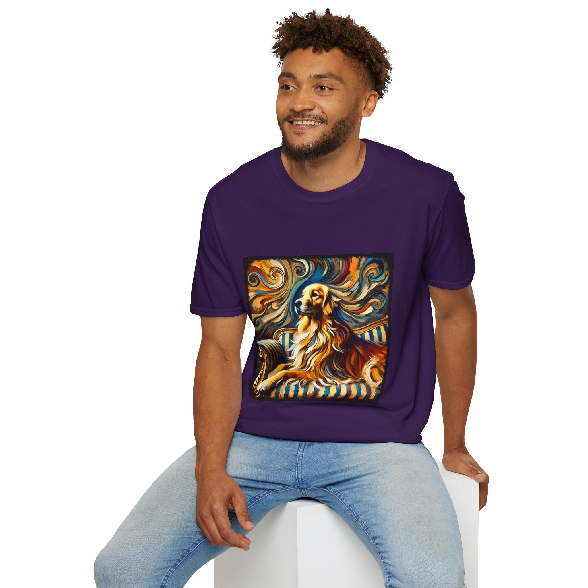 Male model in purple dog t-shirt featuring golden retriever on striped settee with swirling abstract background in golds.
