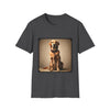 Dark heather dog t-shirt featuring golden retriever in brown collar, seated against a neutral tan backdrop.