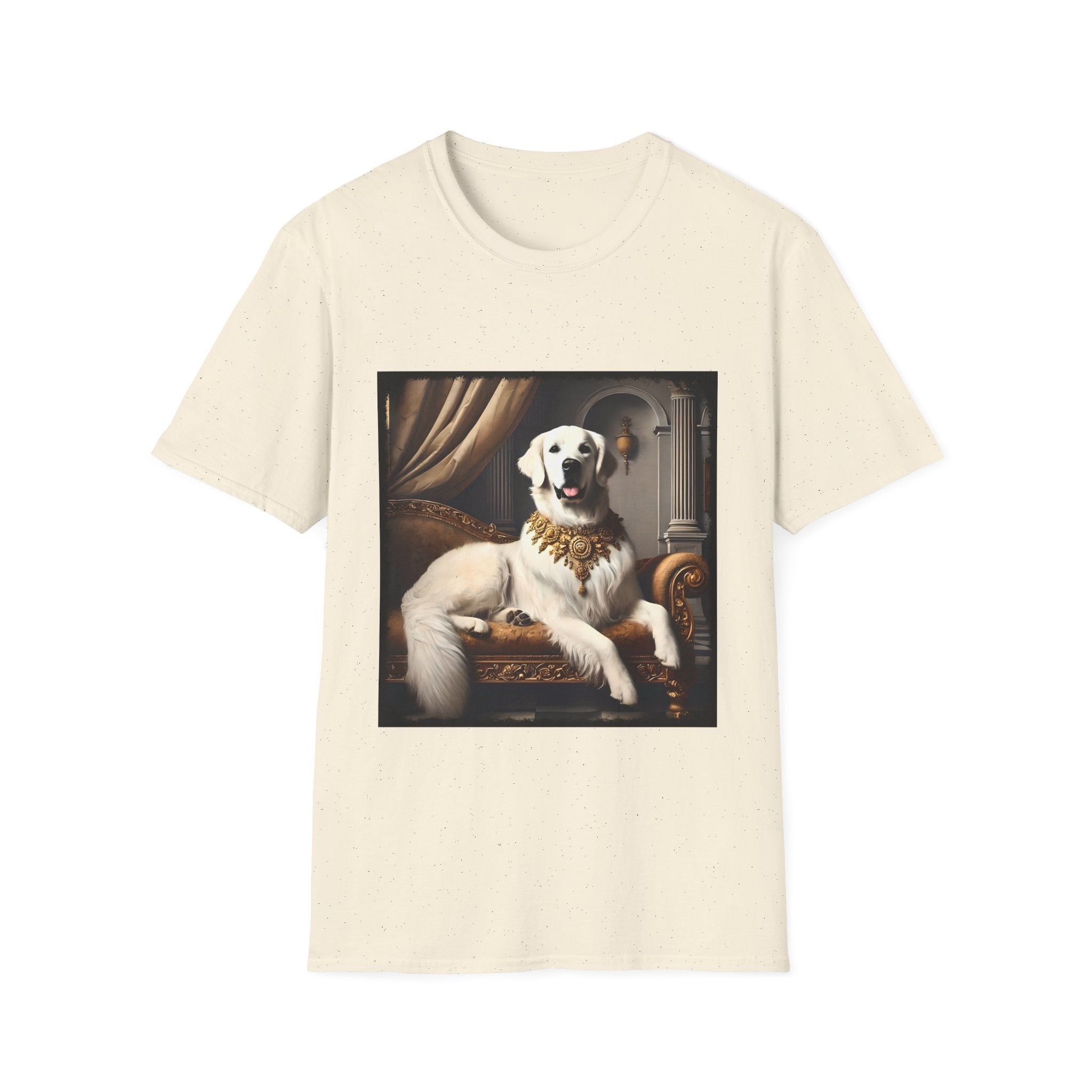Natural dog t-shirt featuring a regal white golden retriever lounging on a gold settee with ornate curtains.